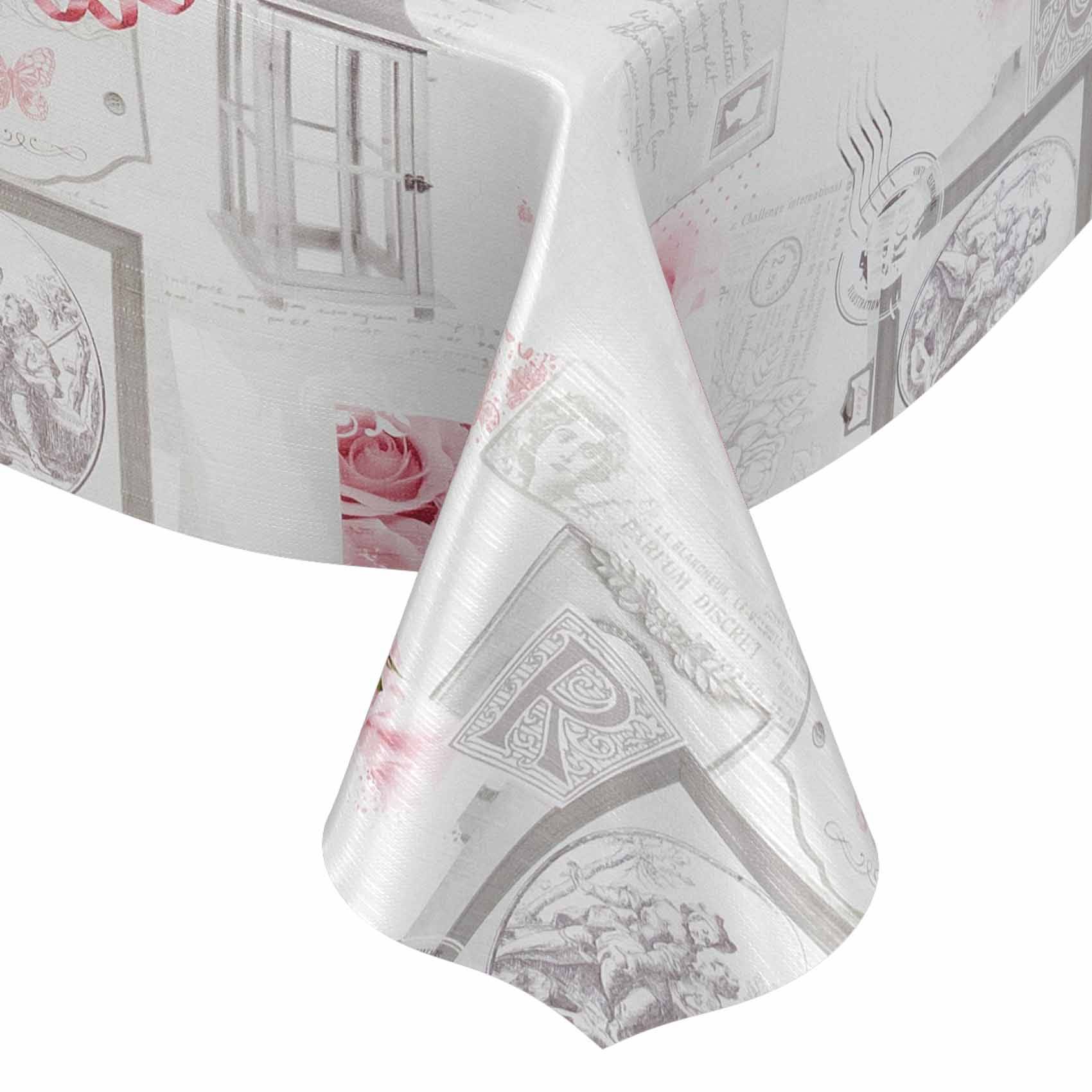 Weiße strukturierte Tapete oder Stoff mit grauen Vintage-Illustrationen und rosa Akzenten, zu einer Kegelform aufgerollt vor weißem Hintergrund.