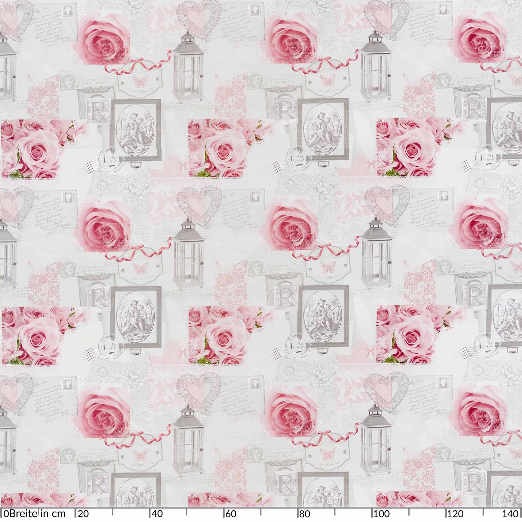 Nahtloses sich wiederholendes Muster aus rosa Rosen, Vintage-Laternen, gerahmten Illustrationen und zarten Postkarten-Herzen auf hellgrauem Hintergrund.
