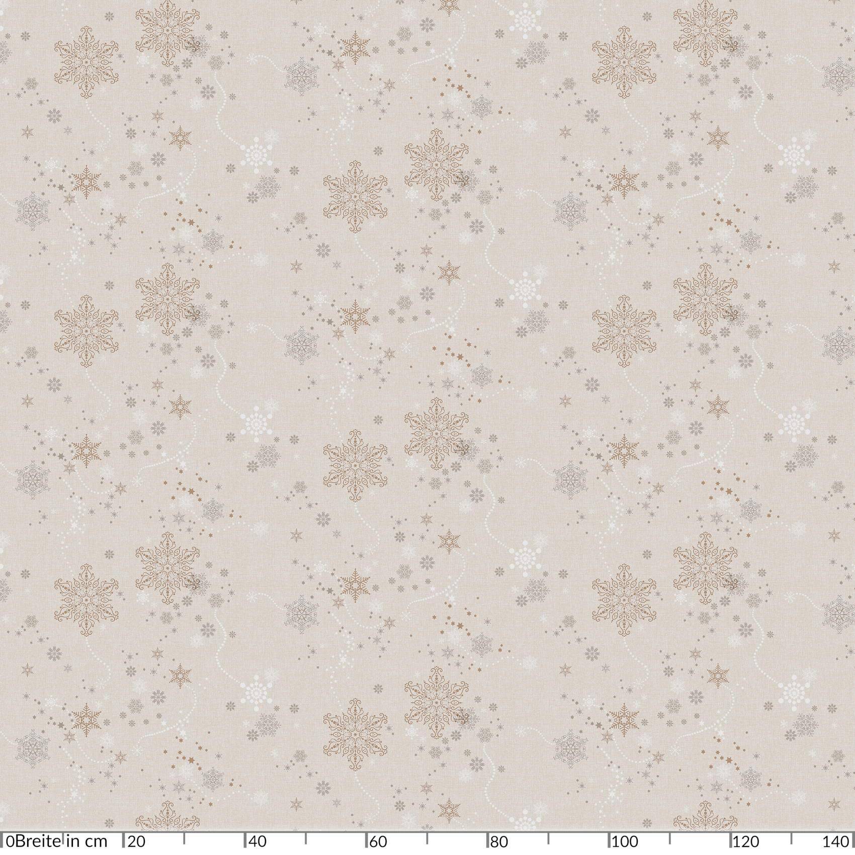 Beige gemustertes Tapezierungspapier mit verstreuten Schneeflocken und Sternen, gezeigt als flache Mustervorlage mit einer Messskala entlang der Unterseite.