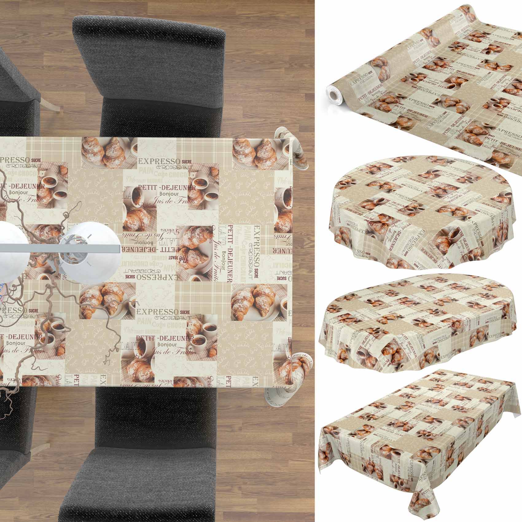 Glastisch zum Essen mit Kaffee-Design-Tischdecke, von oben gezeigt mit vier Beispiel-Outfits auf verschiedenen Tischformen.