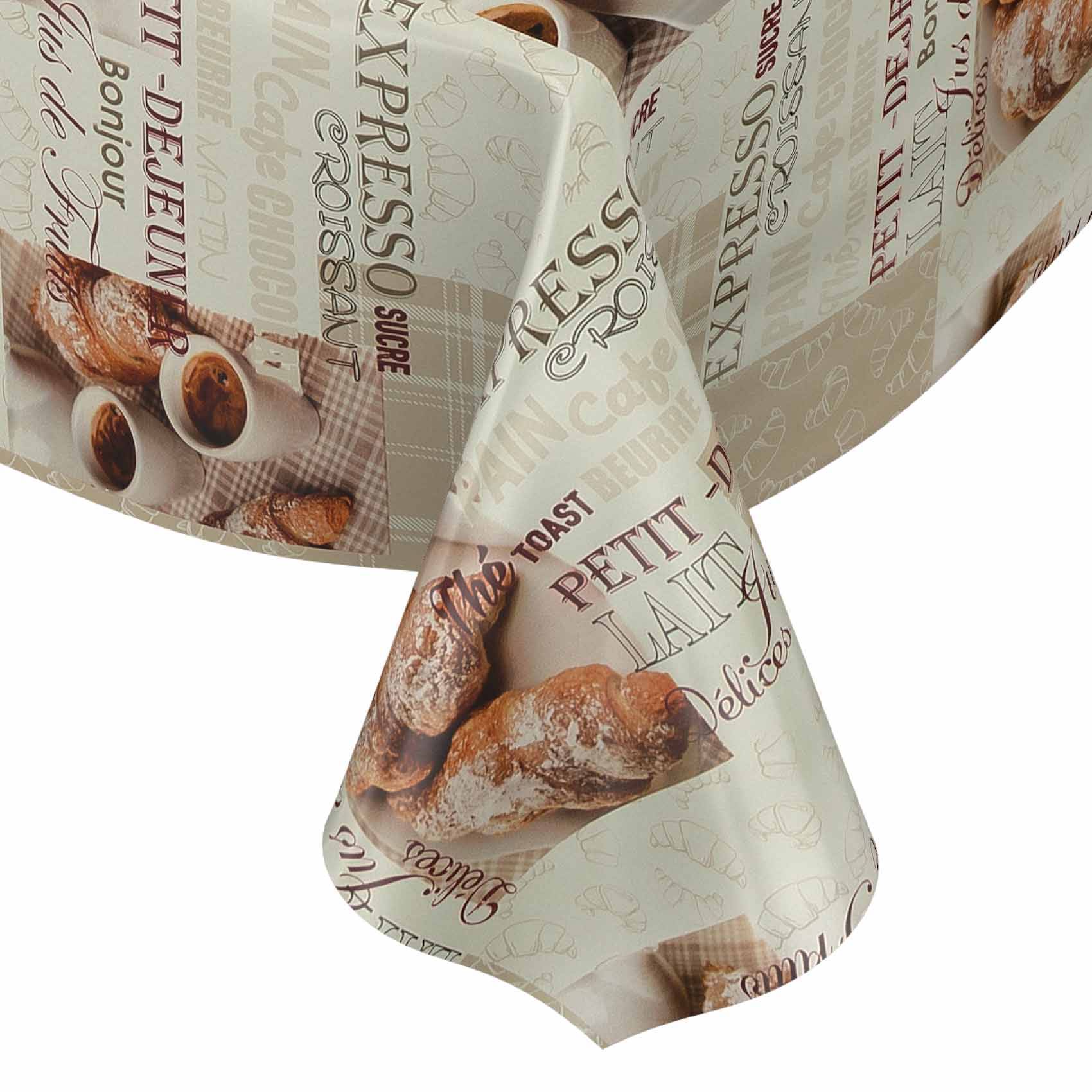 Bedruckte Tischdecke mit Kaffeetassen, Croissants und französischen Wörtern wie „express" und „bonjour"" in Beige- und Brauntönen.