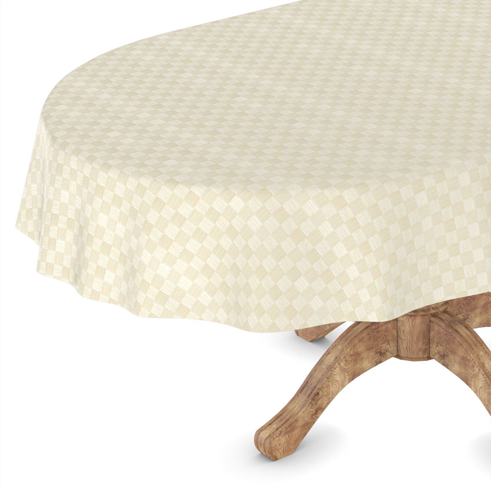 Rundweiße karierte Tischdecke, die über einen runden Holztisch drapiert ist, wobei das Tischgestell darunter sichtbar ist.