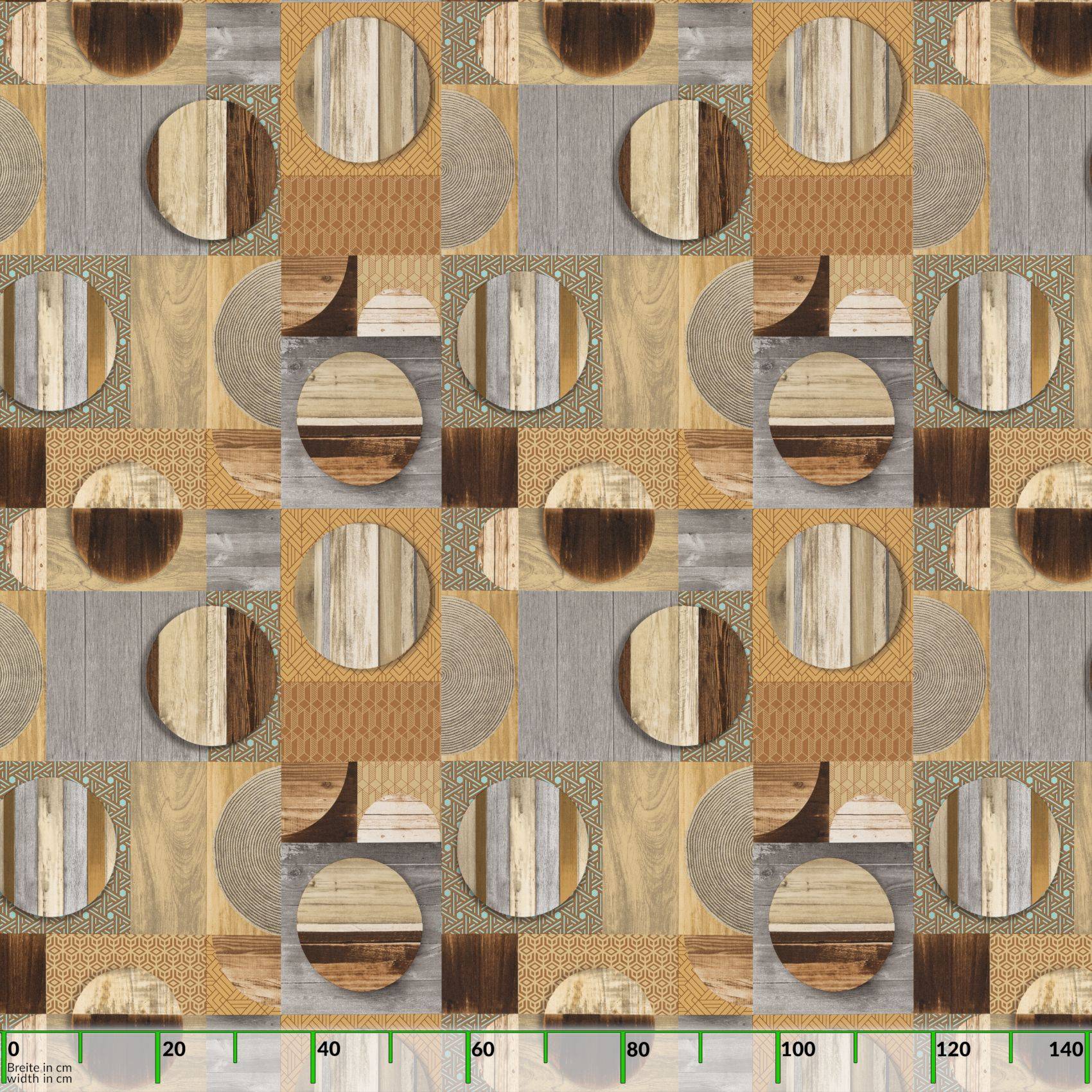 Mustermuster aus assortiertem Holzmaserung und geometrischen Fliesentexturen in Beige, Braun und Grau, in einem sich wiederholenden Rastermuster angeordnet.