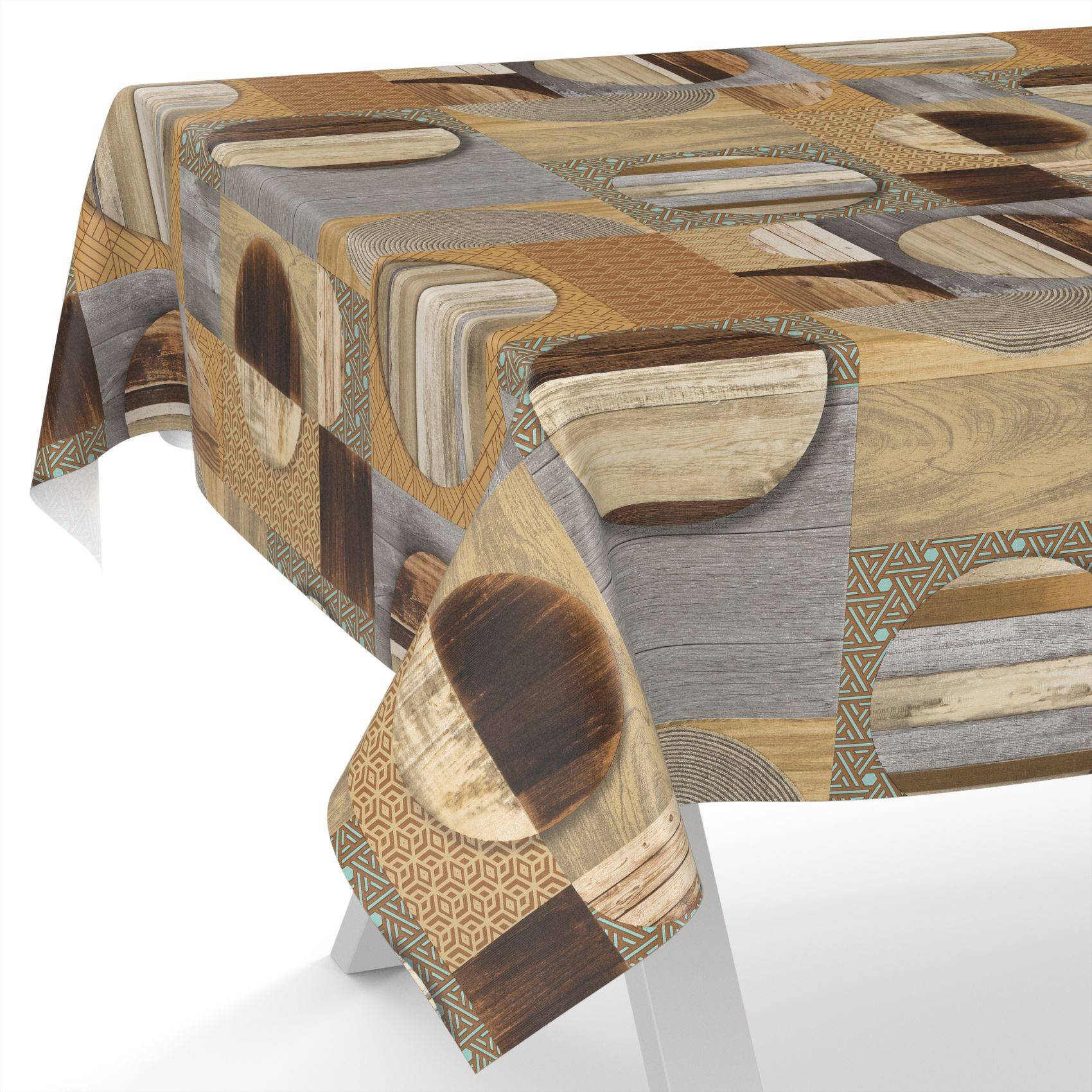 Ein Tisch mit einer gemusterten geometrischen Tischdecke in Braun-, Beige- und Grautönen mit holzähnlichen Blöcken und Bögen.