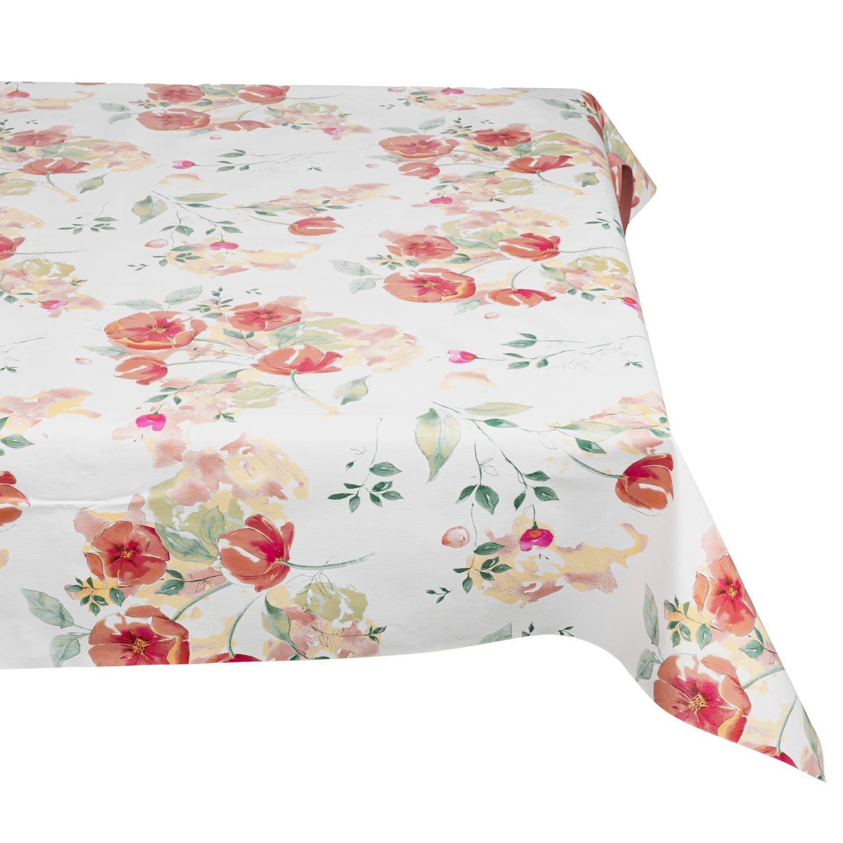 Weiß gemustertes Bettlaken oder Tischtuch mit Blumenmuster und roten, rosa und gelben Aquarellblumen sowie grünen Blättern, darüber eine Oberfläche drapiert.