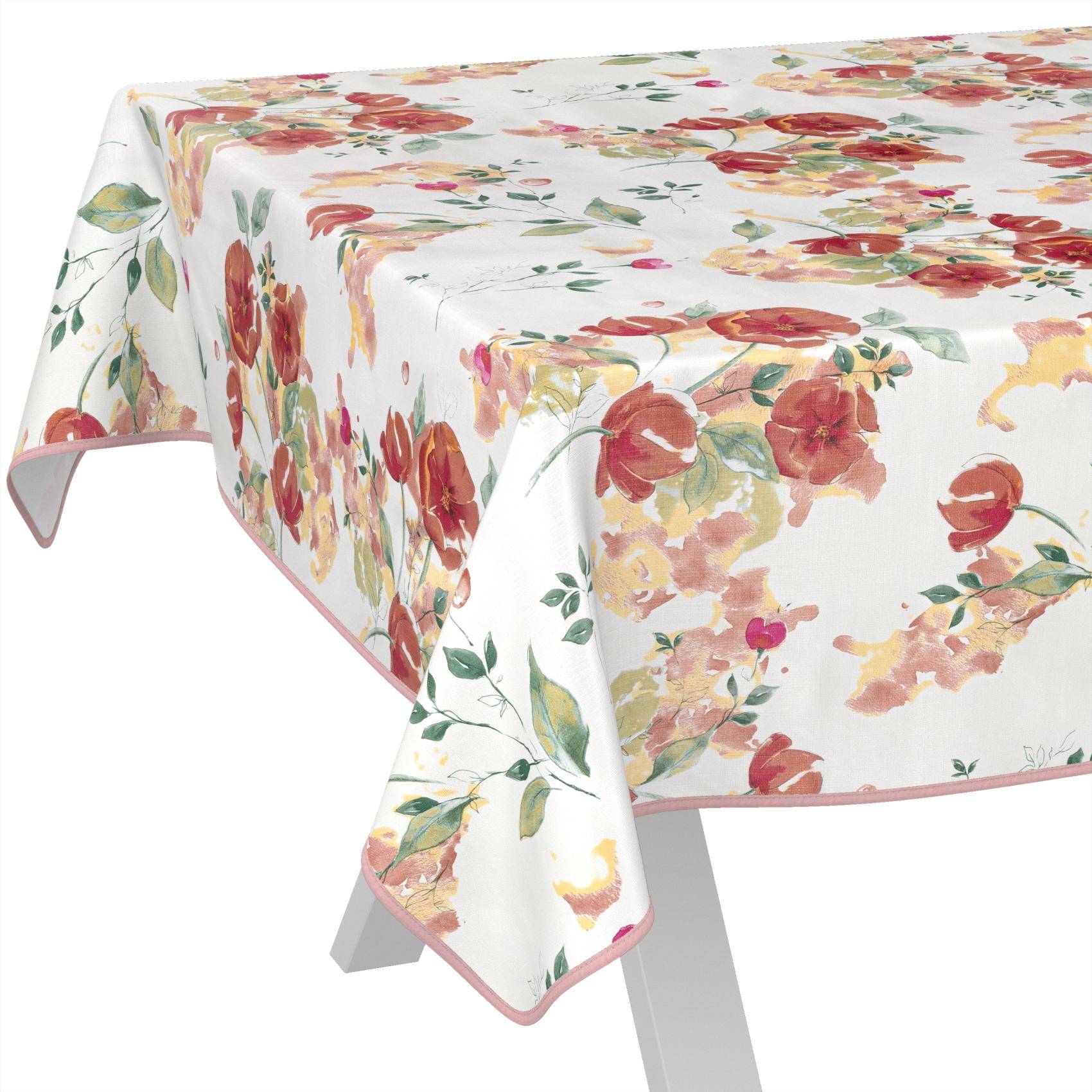 Tischdecke mit Blumenmuster, die über einem quadratischen Tisch drapiert ist, mit rosa, roten und gelben Blumen auf weißem Hintergrund.