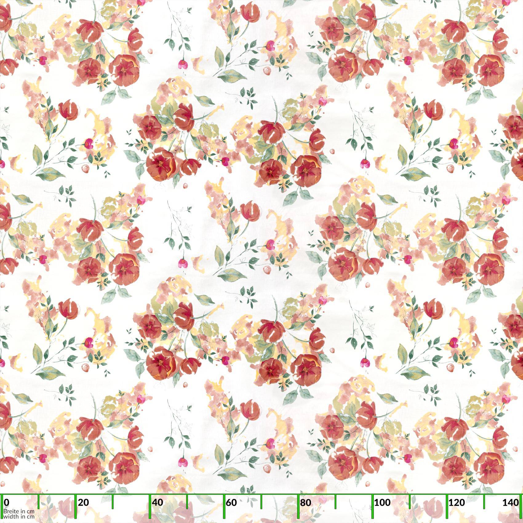 Sich wiederholendes Aquarell-Blumenmuster aus roten und pfirsichfarbenen Blüten mit grünen Blättern auf weißem Hintergrund.