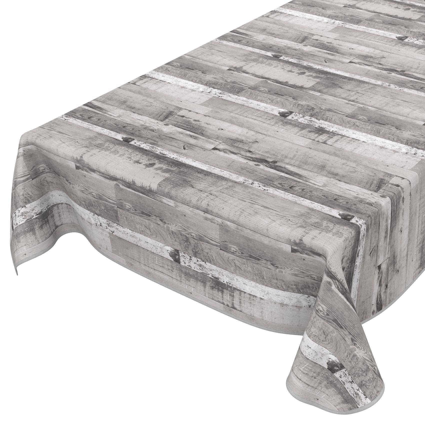 Ein rechteckiger Tisch, bedeckt mit einer graugemusterten Tischdecke mit Holzplanken-Optik, die über die Kanten draped ist, vor einem weißen Hintergrund.