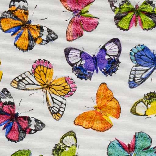 Muster aus farbenfrohen Schmetterlingen in Orange, Rosa, Violett, Blau und Grün auf hellem Hintergrund.