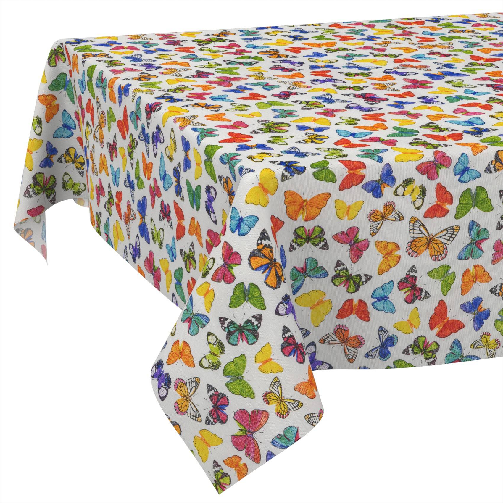 Rechteckige Tischdecke mit einem bunten Schmetterlingsmuster auf weißem Hintergrund.