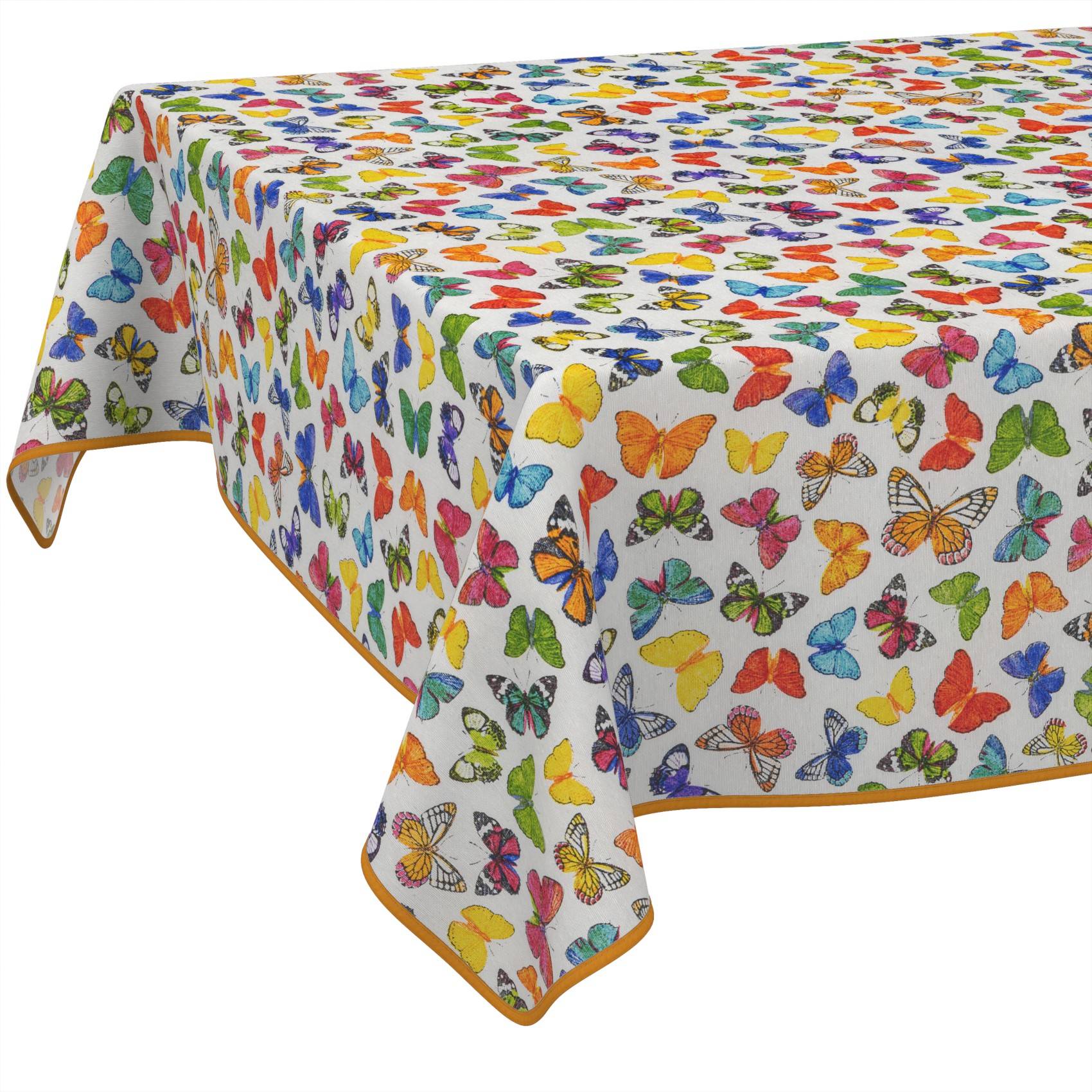Tischdecke mit buntem Schmetteringsmuster auf weißem Hintergrund.
