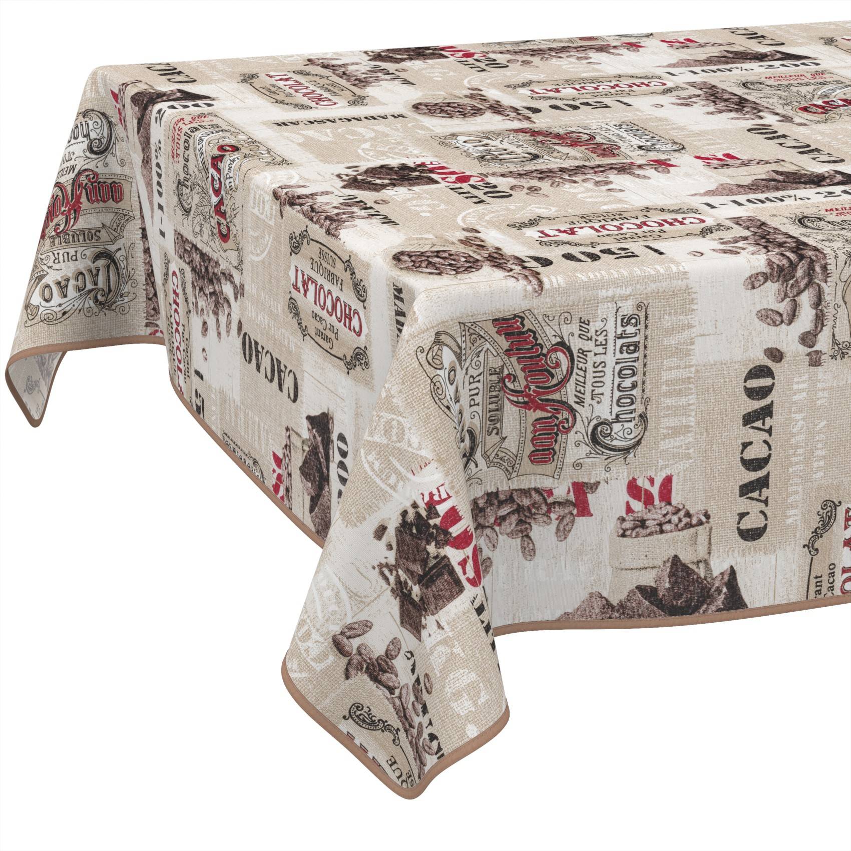 Tisch mit einer Tischdecke im Vintage-Stil mit Kakaomotiven in Beige-, Braun- und Rotdruck.