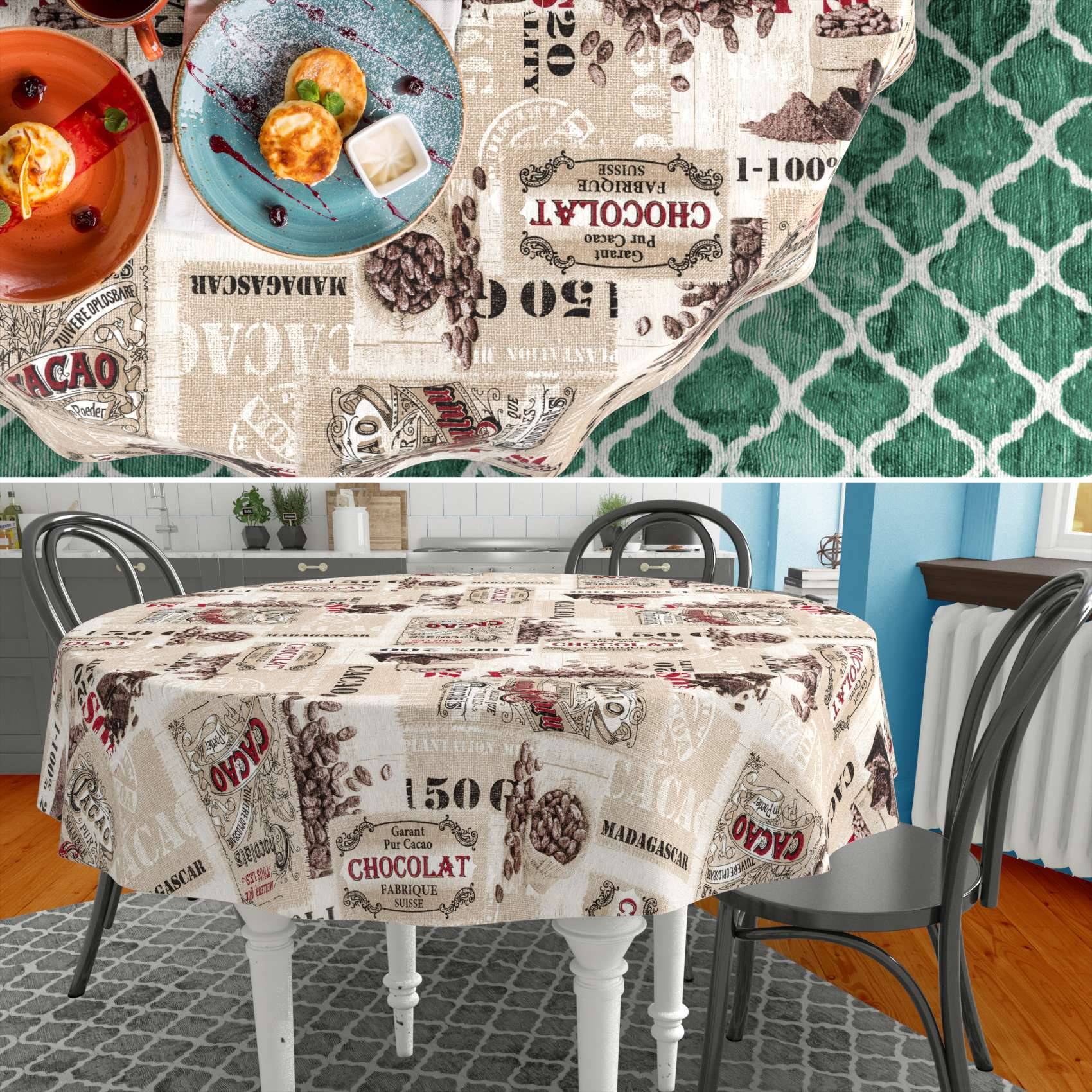 Runder Tisch mit einer Tischdecke im Vintage-Stil mit Schokoladen- und Café-Motiv in einem Esszimmer, in Nahaufnahme und auf dem Tisch gezeigt.