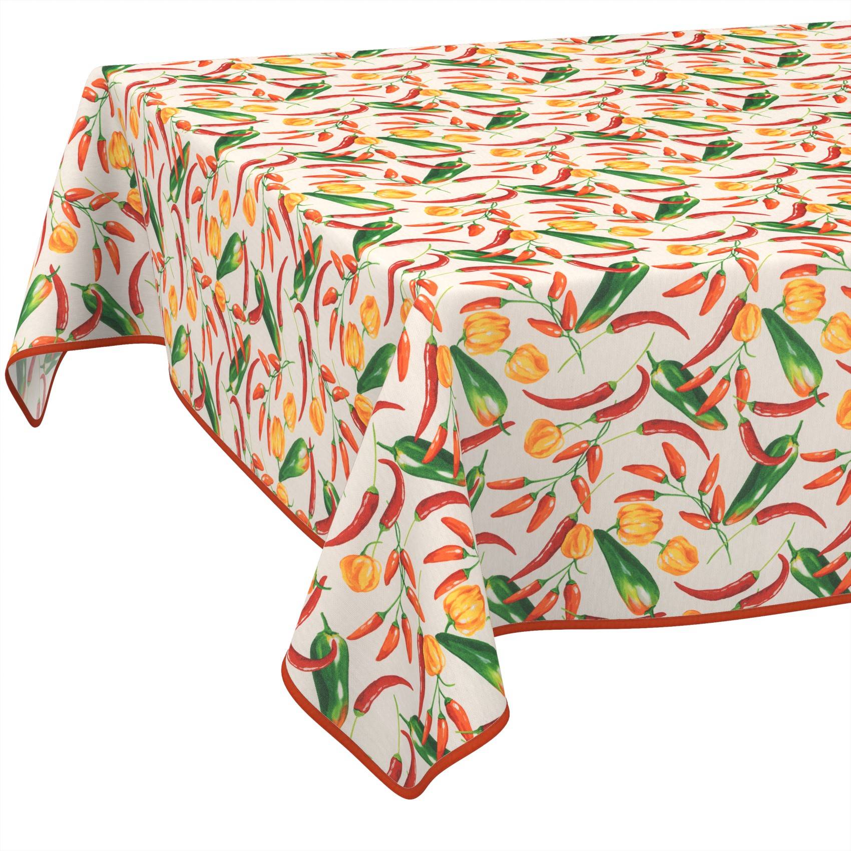 Rechteckige Tischdecke mit rotem und grünem Chilischote- und orangefarbenem Blumenmuster auf weißem Untergrund.