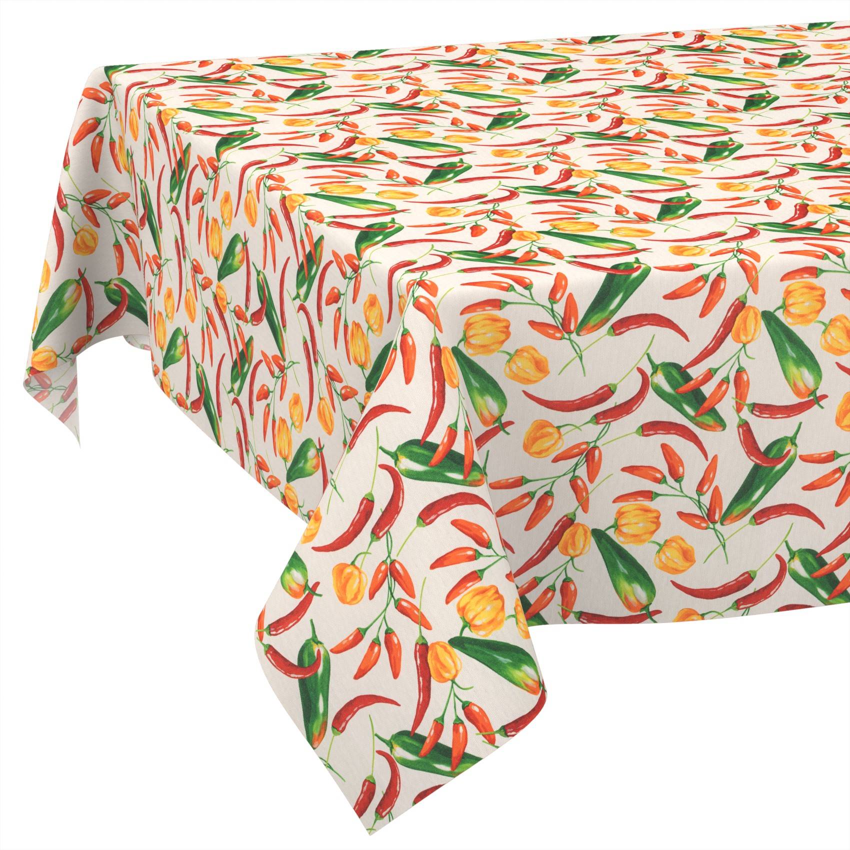 Tischdecke mit farbenfrohem Chiliöl-Pfeffer- und Blumenmuster, über einen Tisch gegen weißen Hintergrund drapiert.