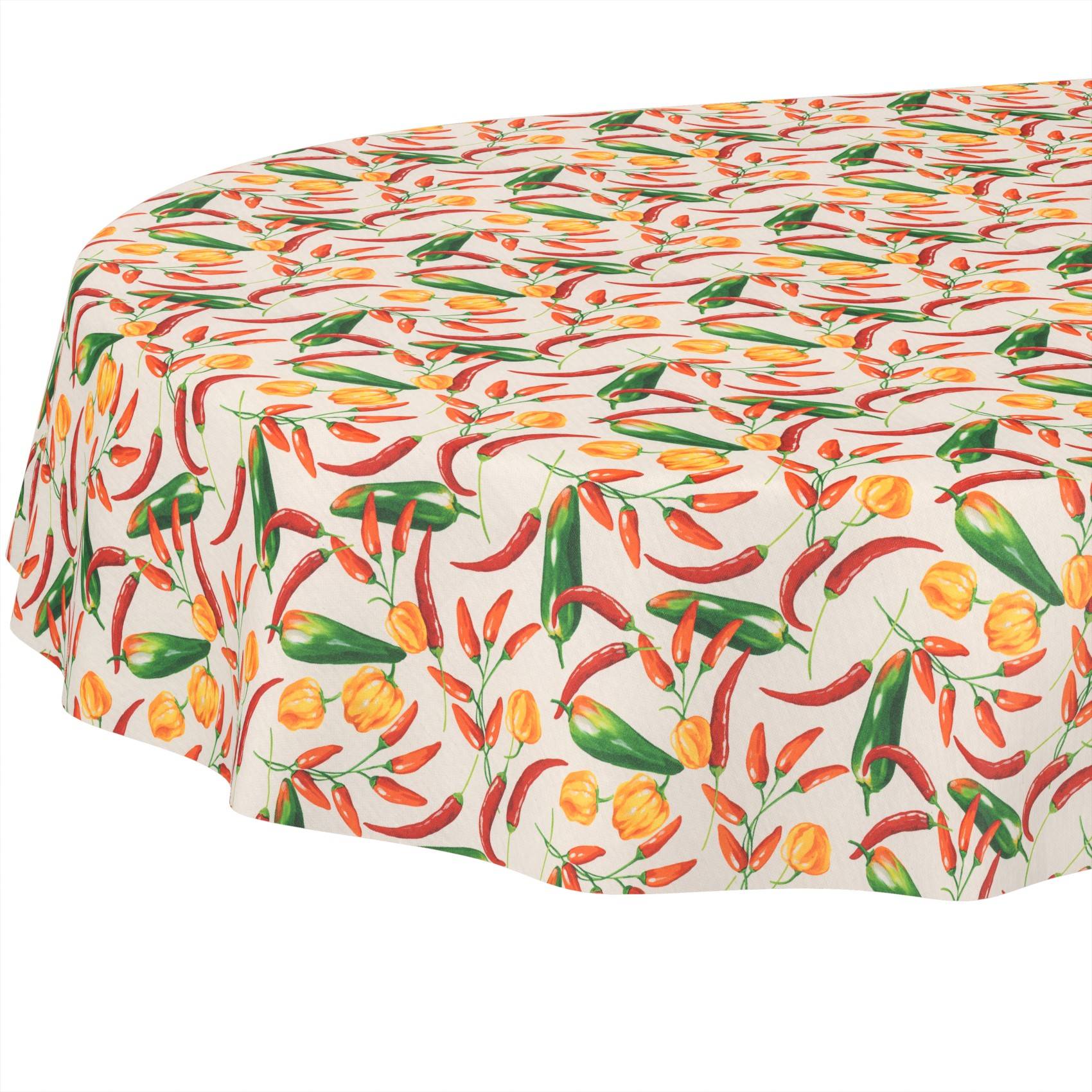 Runde Tischdecke mit einem sich wiederholenden Muster aus roten Chilischoten, grünen Paprikaschoten und gelben Paprikaschoten auf hellem Untergrund.