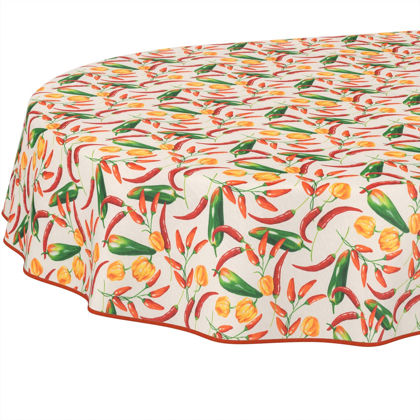 Runde Tischdecke mit einem farbenfrohen Muster aus roten, grünen und gelben Chilischoten und Blumenmotiven auf weißem Hintergrund.