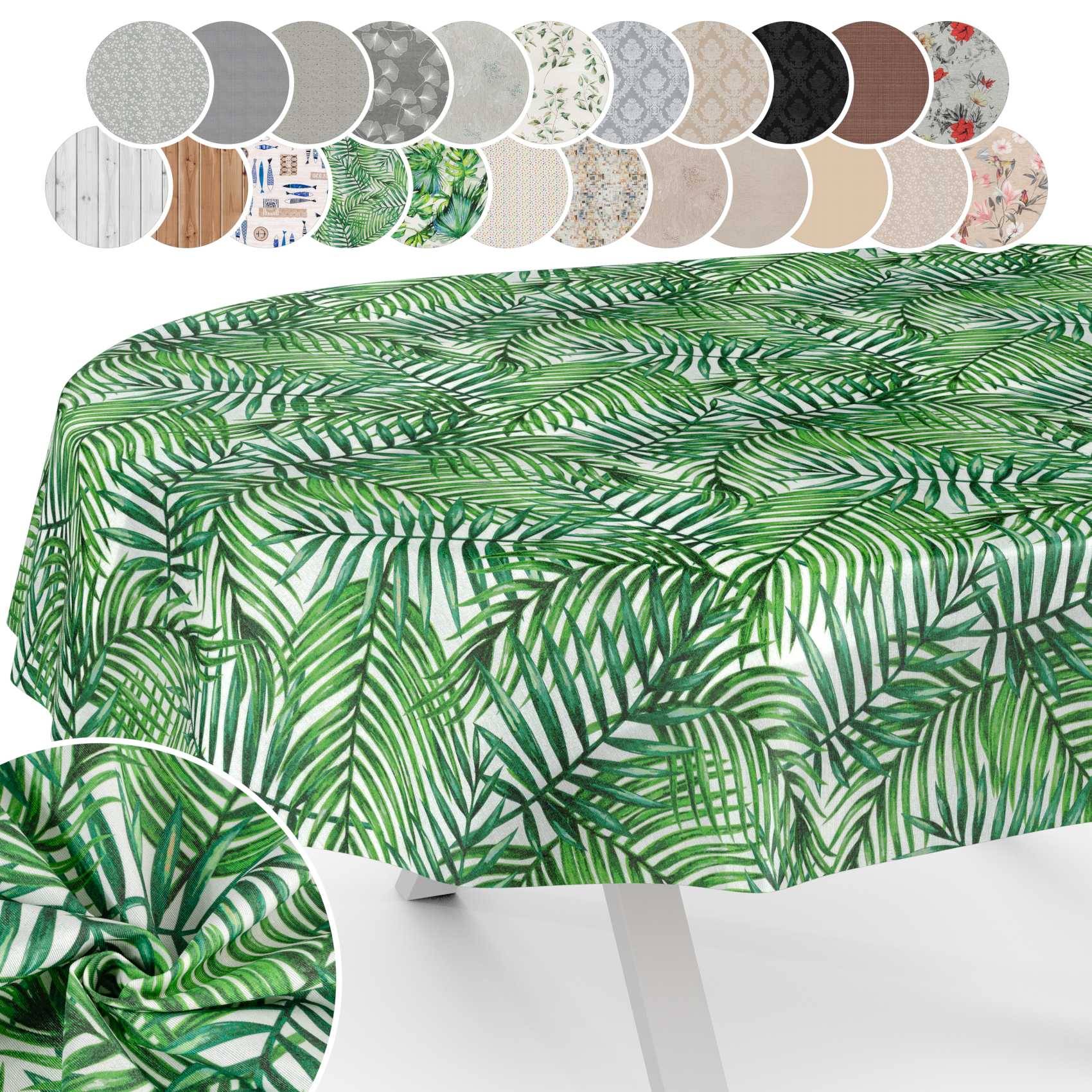 Tischdecke mit grünem Palmblatt-Druck auf einem Tisch, gezeigt mit kreisförmigen Stoffmustern oben und einer Nahaufnahme des Musters in einem Inset.