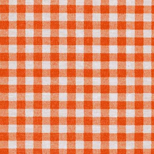 Orangefarbenes und weißes Gingham-Karomuster auf Stoff in Nahaufnahme.