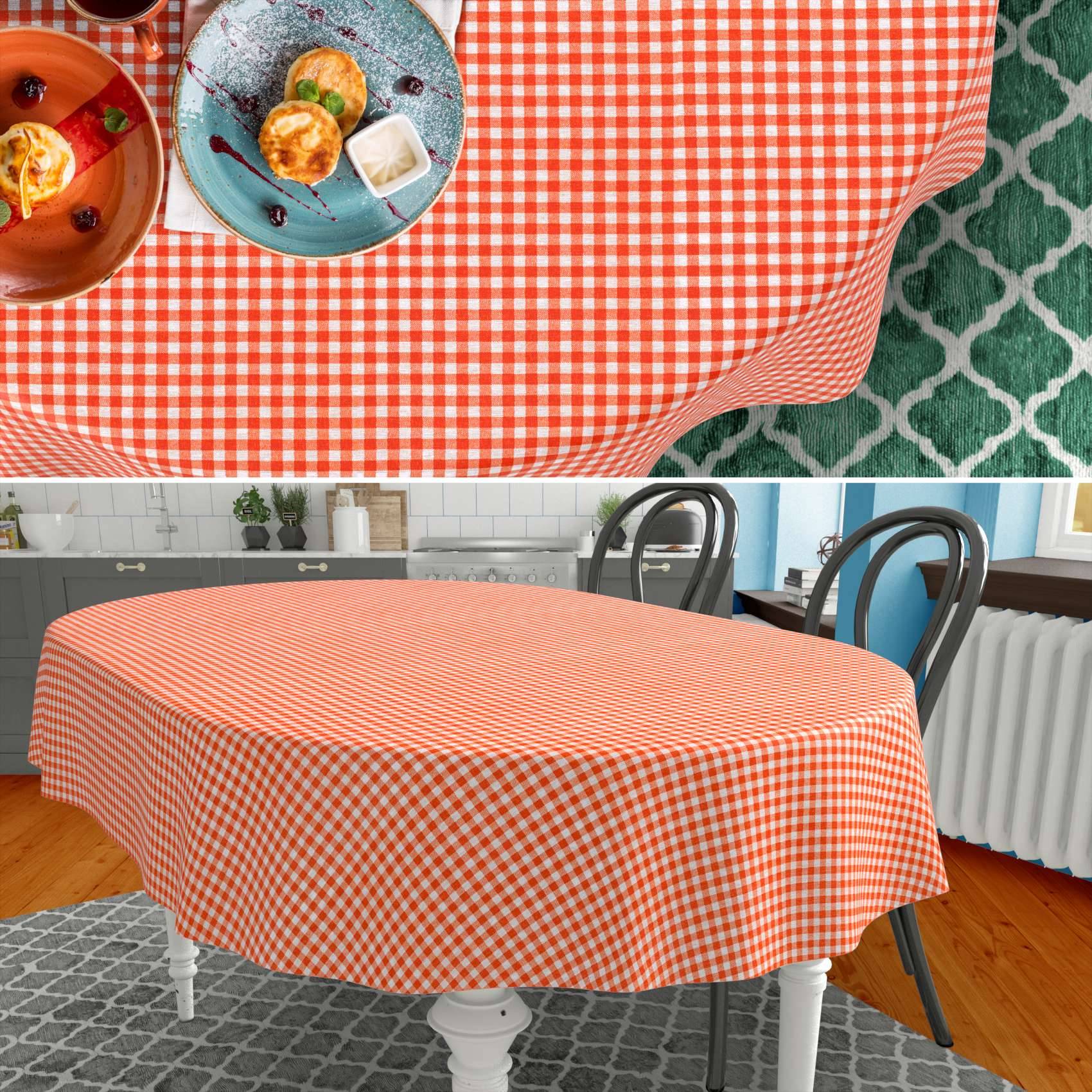 Orange-weiß kariertes Tischtuch auf einem runden Esstisch, dargestellt im Gebrauch mit Tellern voller Essen und als Produkt in einem Küchen-Esszimmer.