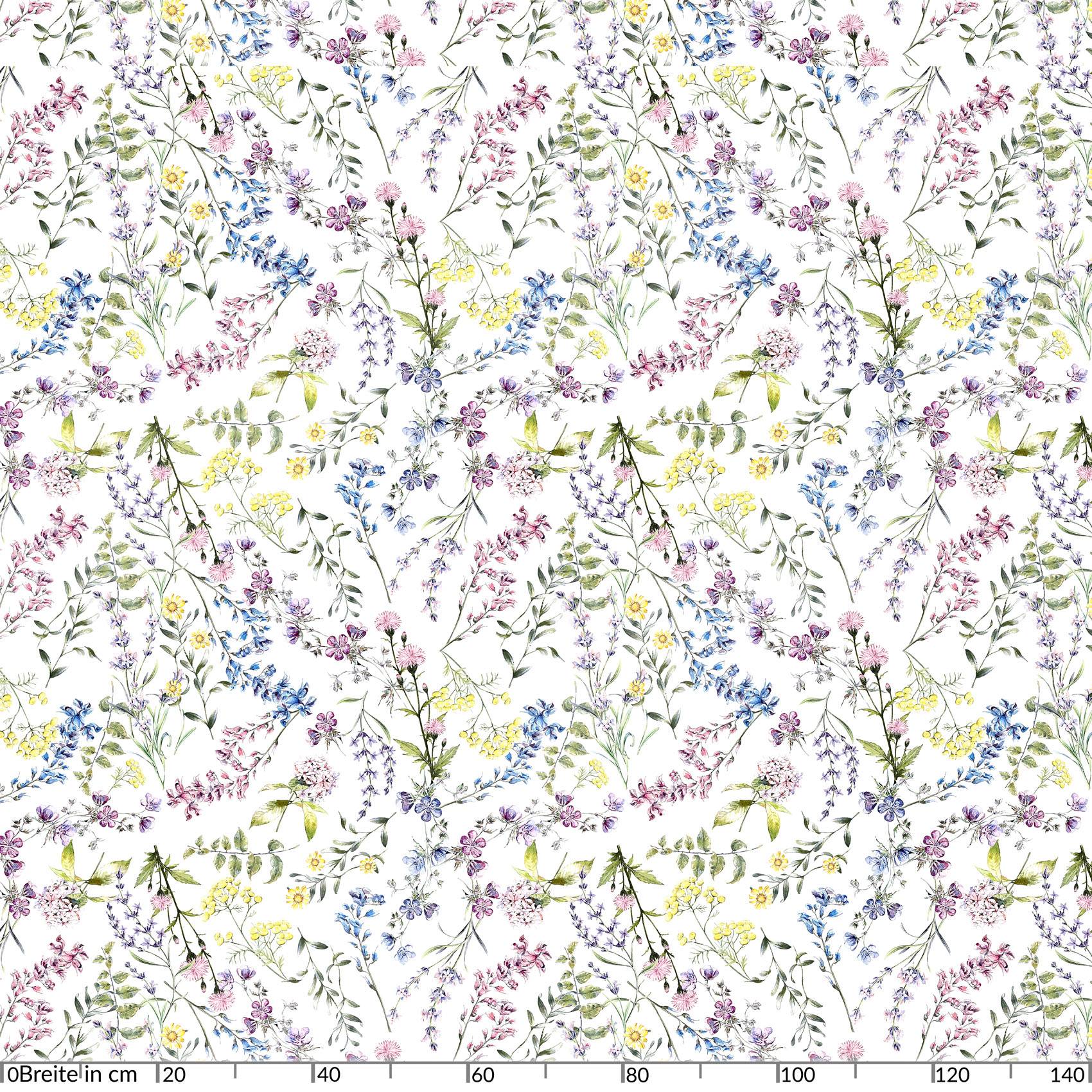 Nahtloses Blumenmuster aus zarten Wildblumen und blattreichen Ranken in Pastellrosa, Blau, Gelb und Grün auf weißem Hintergrund.