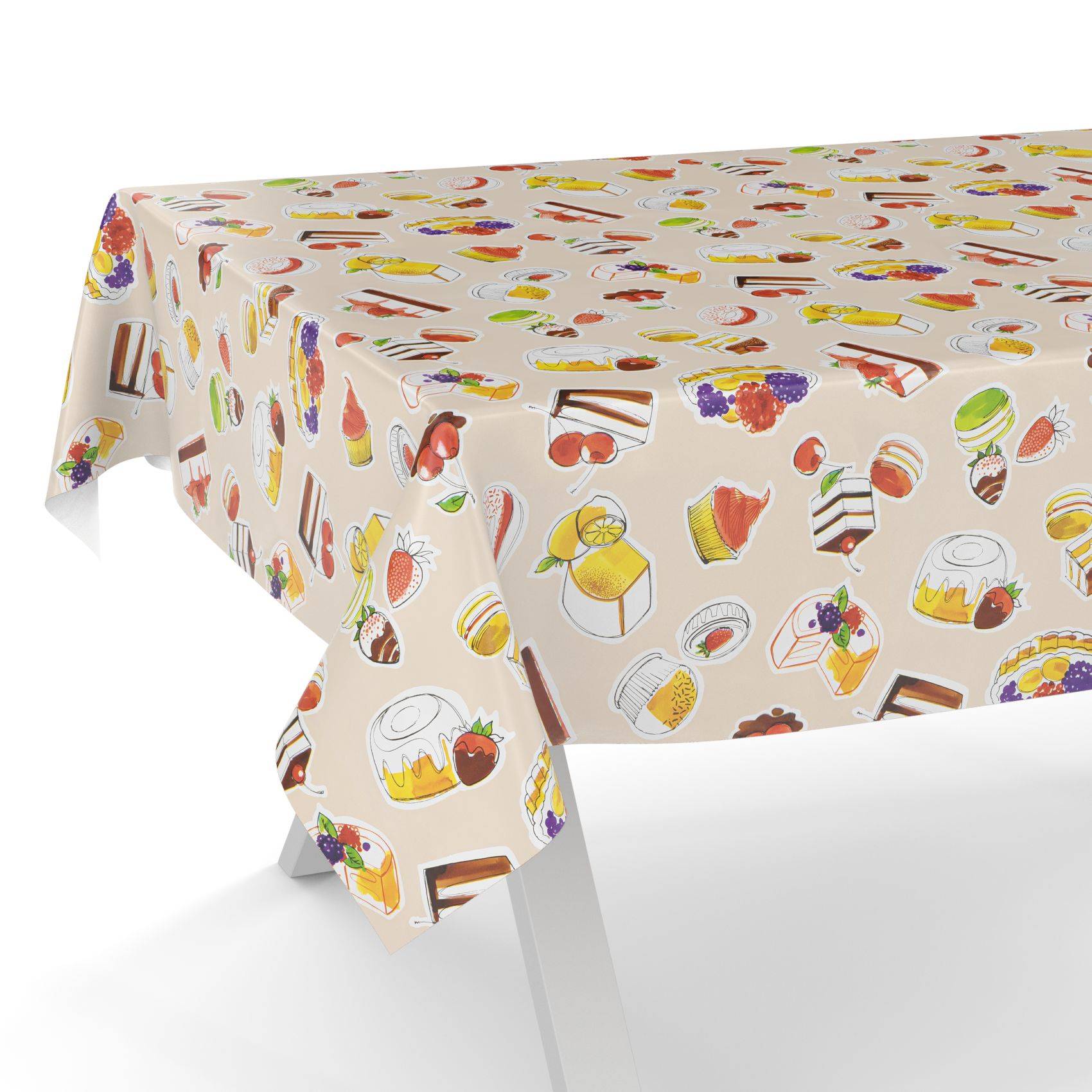 Tisch mit einer weißen gemusterten Tischdecke, bedruckt mit bunten Desserts, Obst und Süßigkeiten.