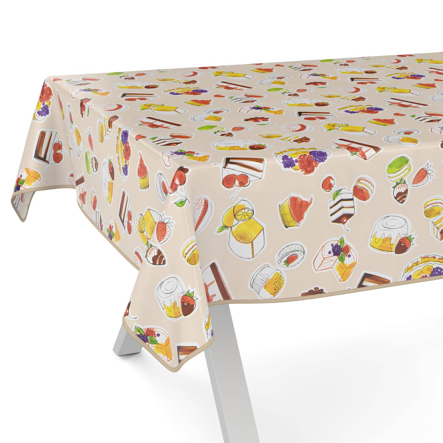 Tisch mit einer cremefarbenen Tischdecke bedruckt mit bunten Illustrations von Lebensmitteln und Desserts