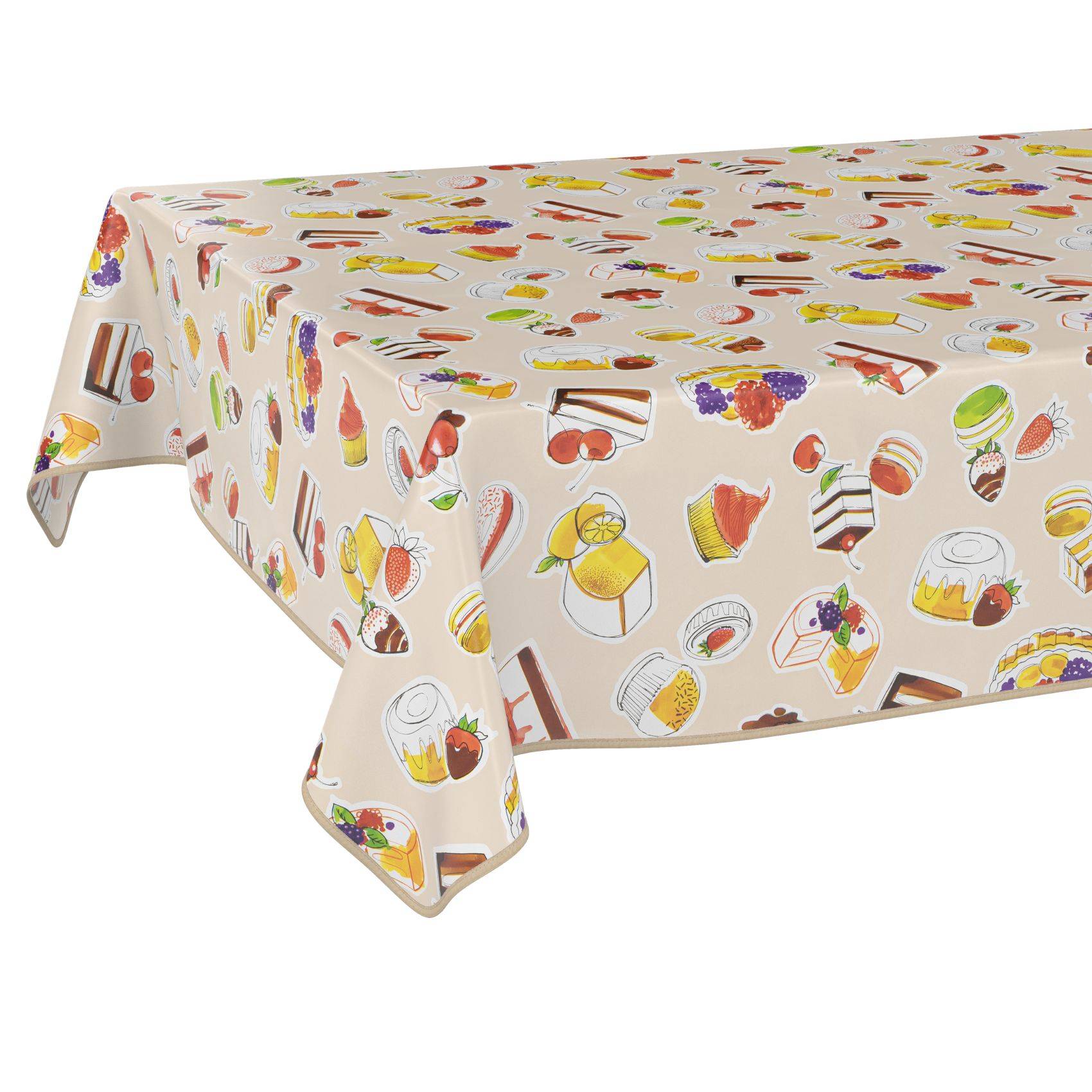 Tisch mit einer cremefarbenen Tischdecke bedruckt mit bunten Obst- und Dessert-Illustrationen.