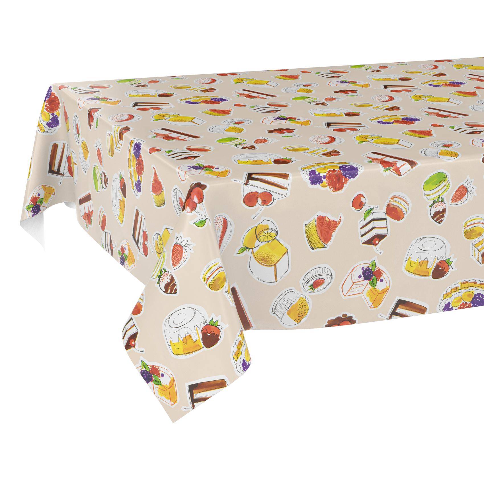 Tischdecke mit cremefarbenem Hintergrund, bedeckt mit farbenfrohen Illustrationen von Desserts und Früchten, über einen Tisch drapiert vor weißem Hintergrund.