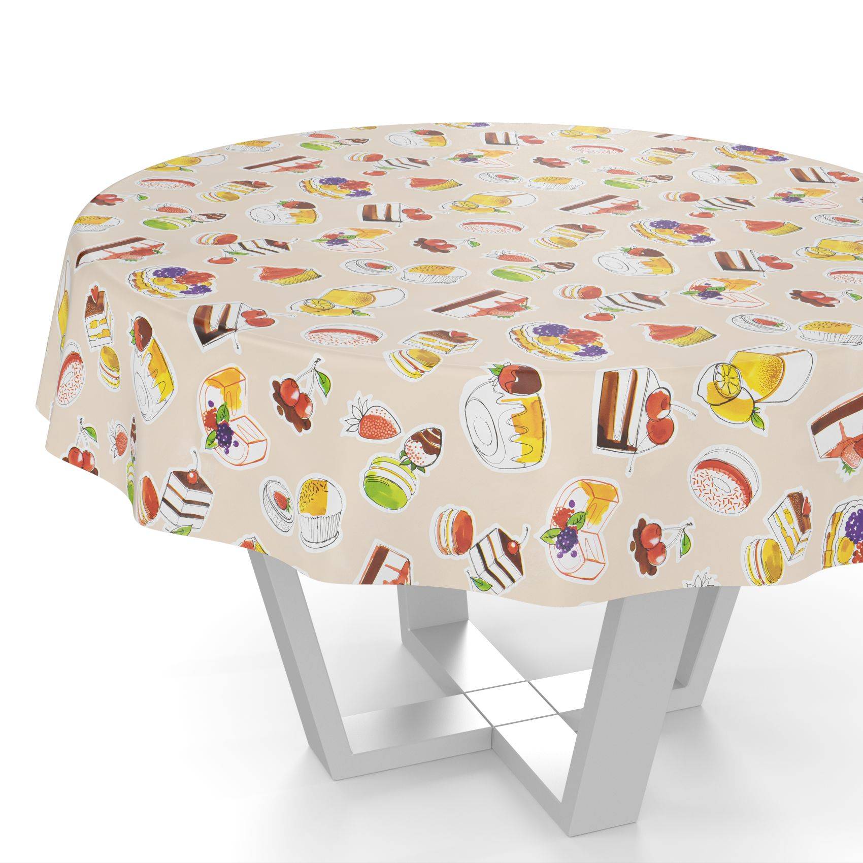 Rundtisch mit beigefarbiger Tischdecke bedruckt mit bunten Illustrations von Desserts und Früchten, auf weißem modernem geometrischem Sockel.
