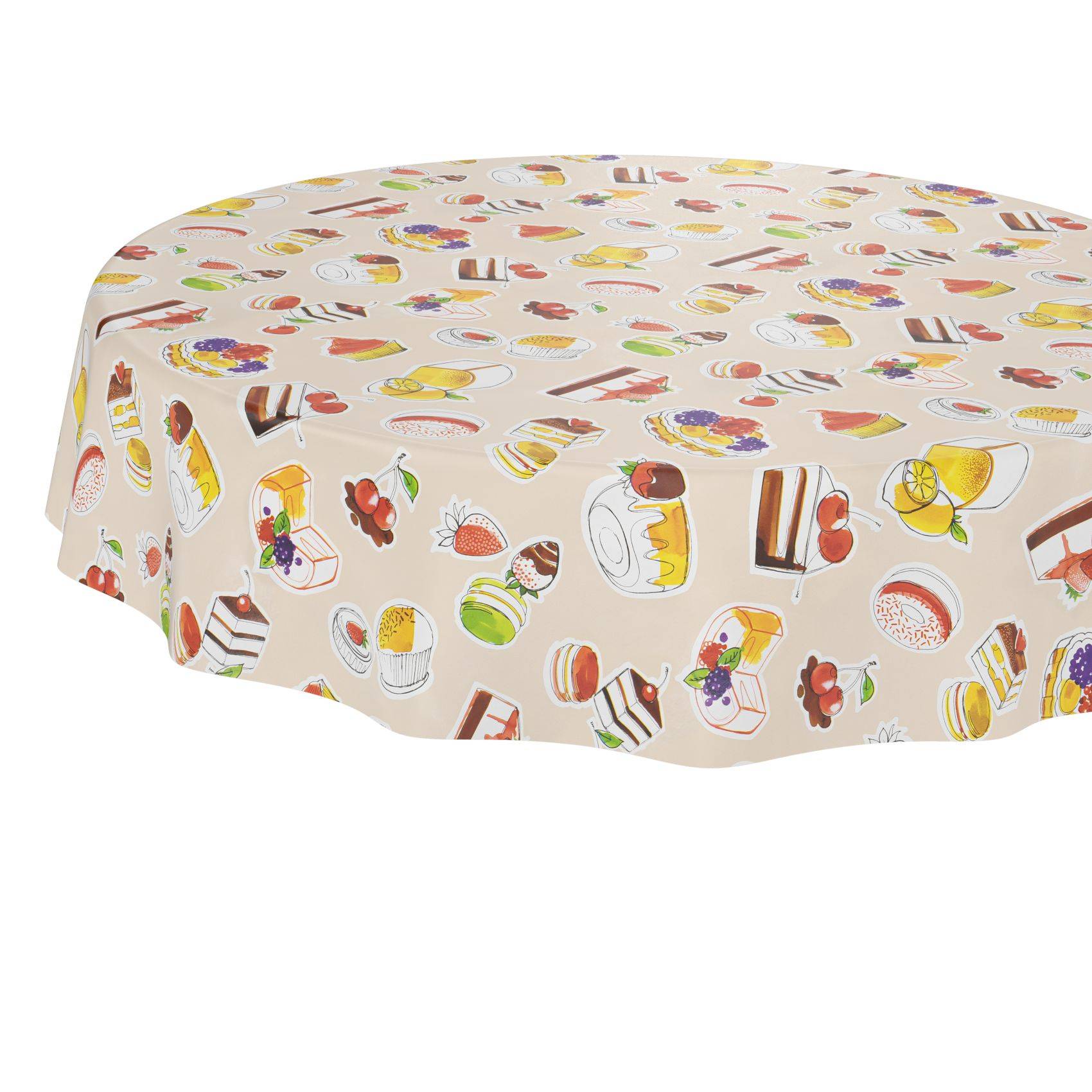 Runde Tischdecke mit beigem Hintergrund und bunten Dessert- und Obstillustrationen, über einen Tisch drapiert.