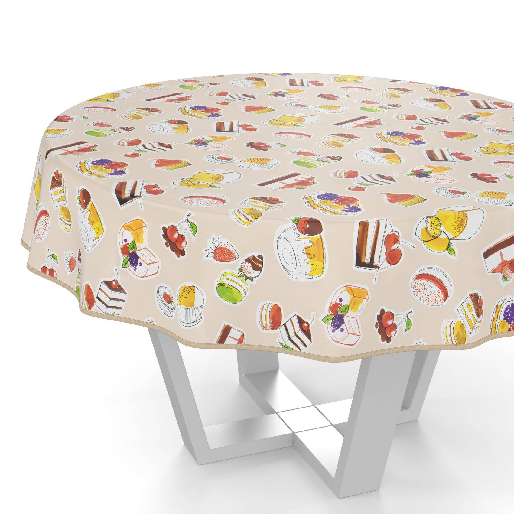 Quadratischer Tisch mit einer cremefarbenen Tischdecke bedruckt mit bunten Desserts und Obst, drapiert über einem modernen weißen Tischgestell.