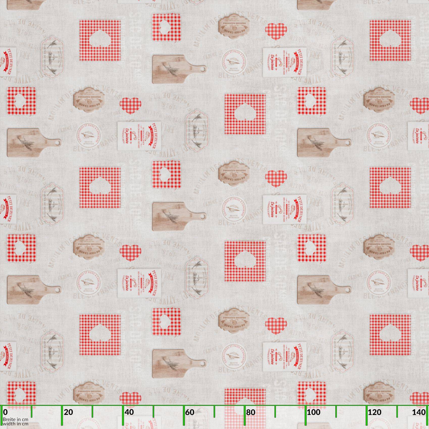 Nahtloses beigefarbenes Stoff-ähnliches Muster mit roten Gingham-Quadraten, Herzen, Vintage-Etiketten und Schneidebrett-Illustrationen.