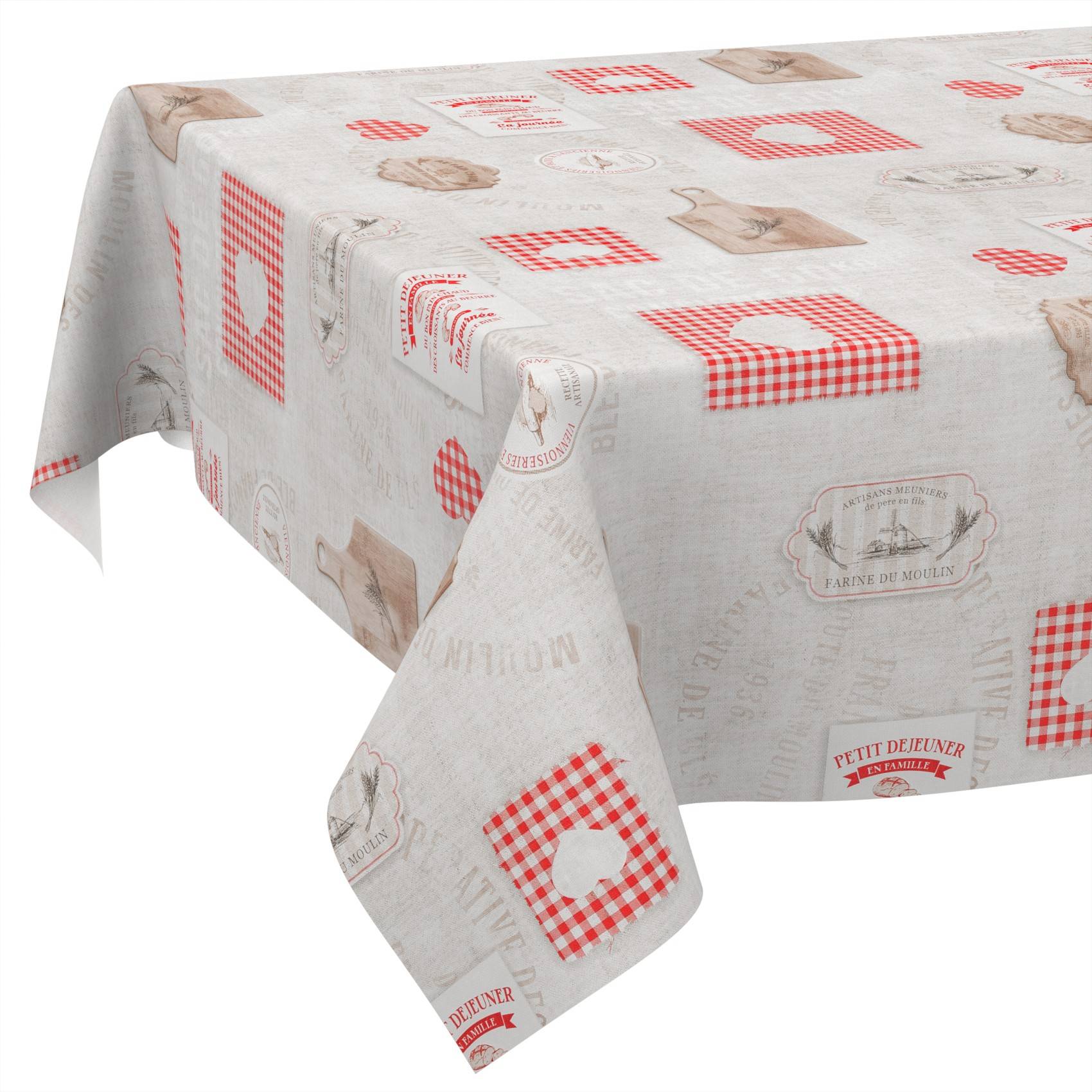Tischdecke mit hellgrauem Leinenoptik-Hintergrund, bedruckt mit roten Gingham-Quadraten und Vintage-Bäckerei-Etiketten und Skizzen.