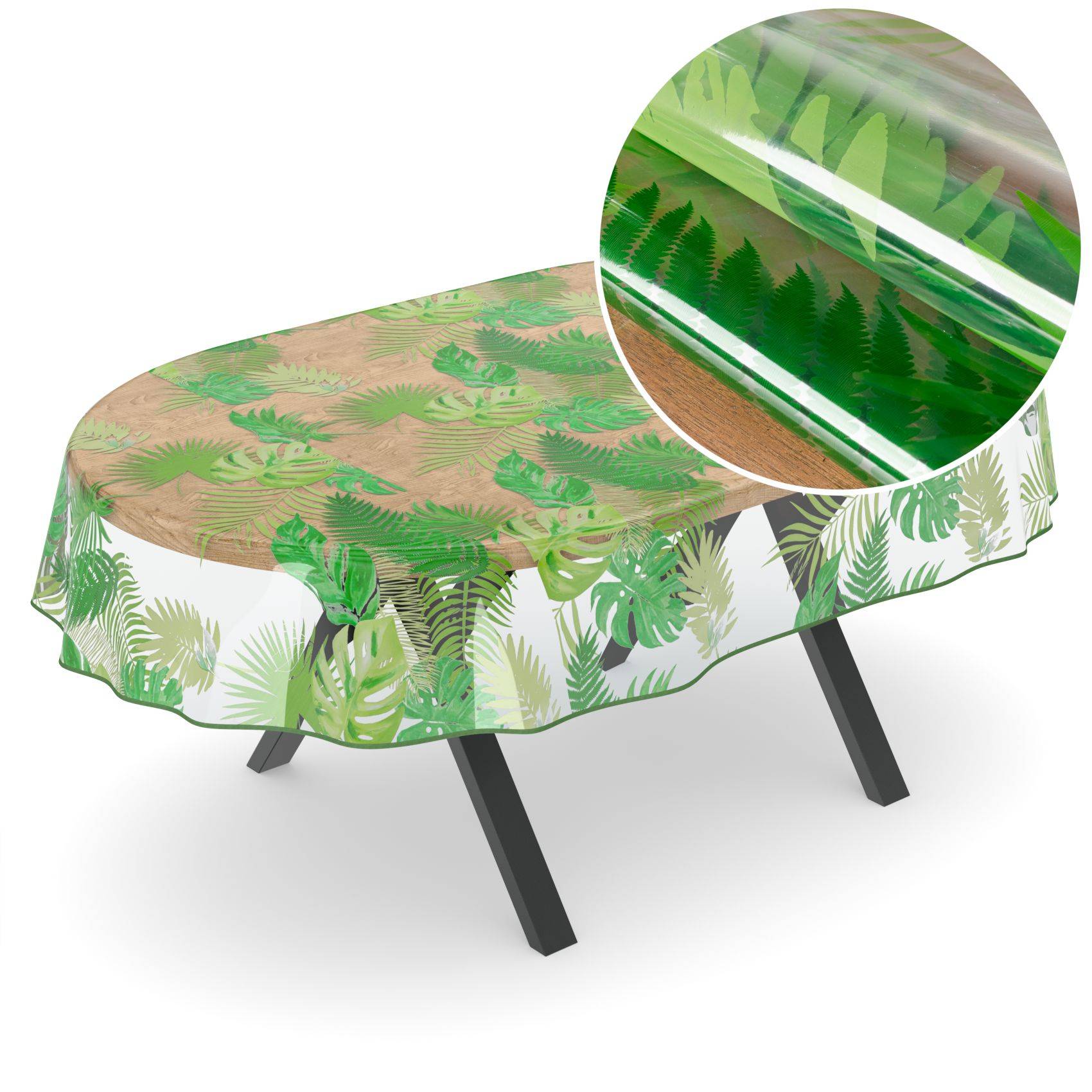 Rechteckiger Tisch mit einer grünen Tischdecke mit tropischem Blattmuster, gezeigt mit einer vergrößerten Nahaufnahme, die die glänzende bedruckte Oberfläche hervorhebt.