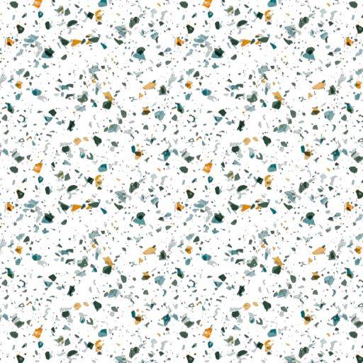 Weiß gesprenkeltes Terrazzo-ähnliches Muster mit verstreuten Blaugrün-, Grau- und Orangechips.