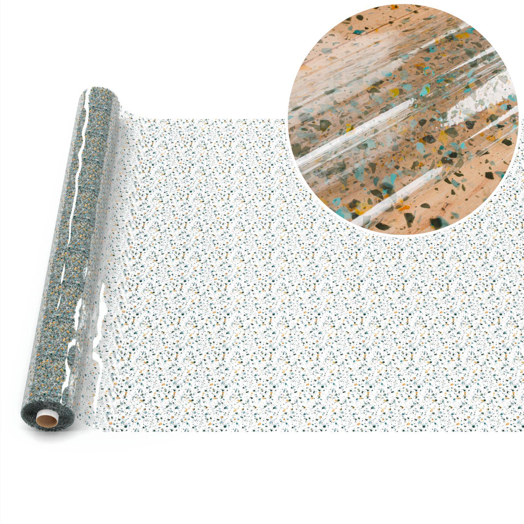 Rolle aus gesprenkeltem dekorativem Klebeband, weiß mit mehrfarbigen Flöckchen, gezeigt mit einer Nahaufnahme des Musters und der glänzenden Textur.