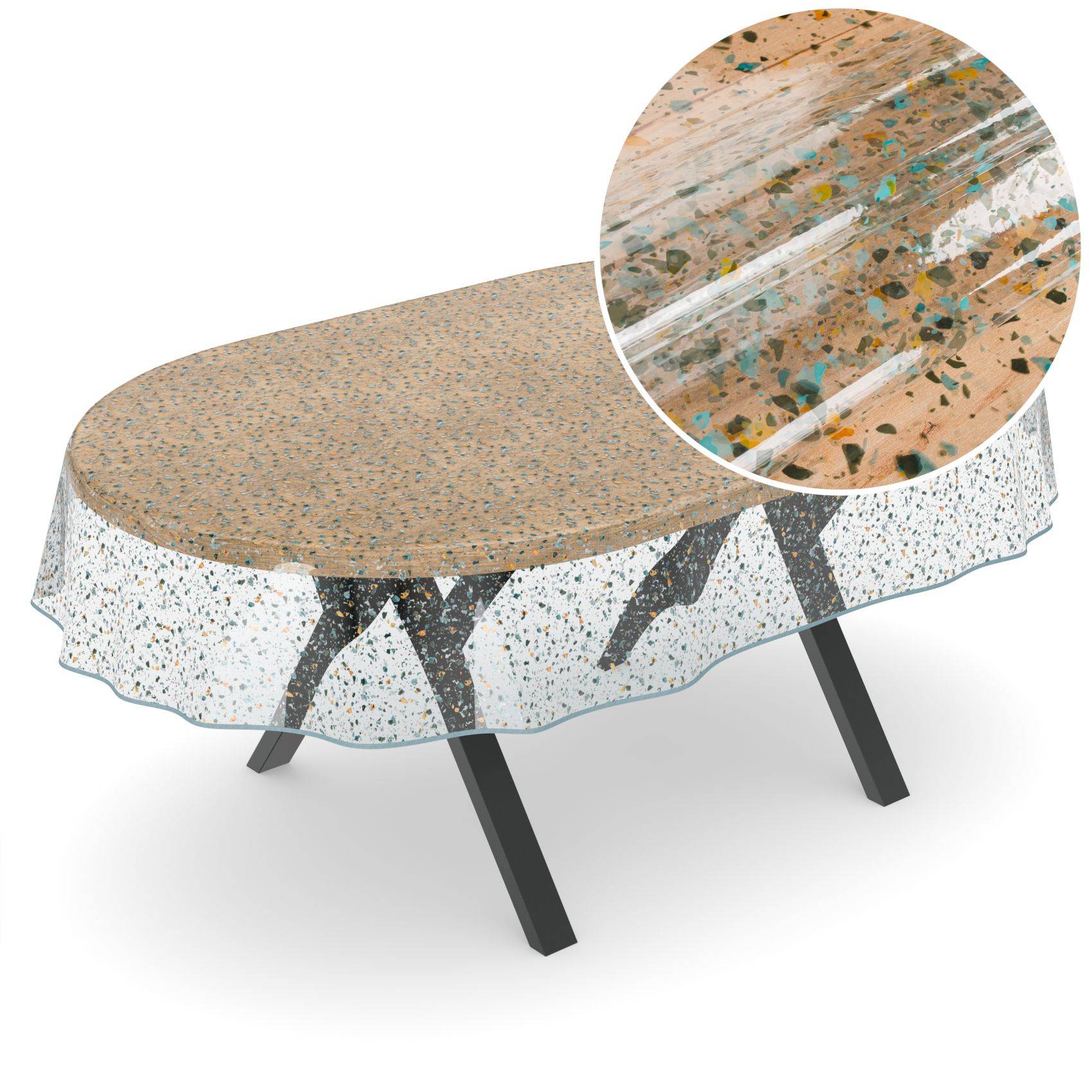 Ovaler Couchtisch im Terrazzo-Stil mit schwarzen schrägen Beinen, dargestellt mit einer vergrößerten Nahaufnahme, die die gesprenkelte steinähnliche Oberfläche hervorhebt.