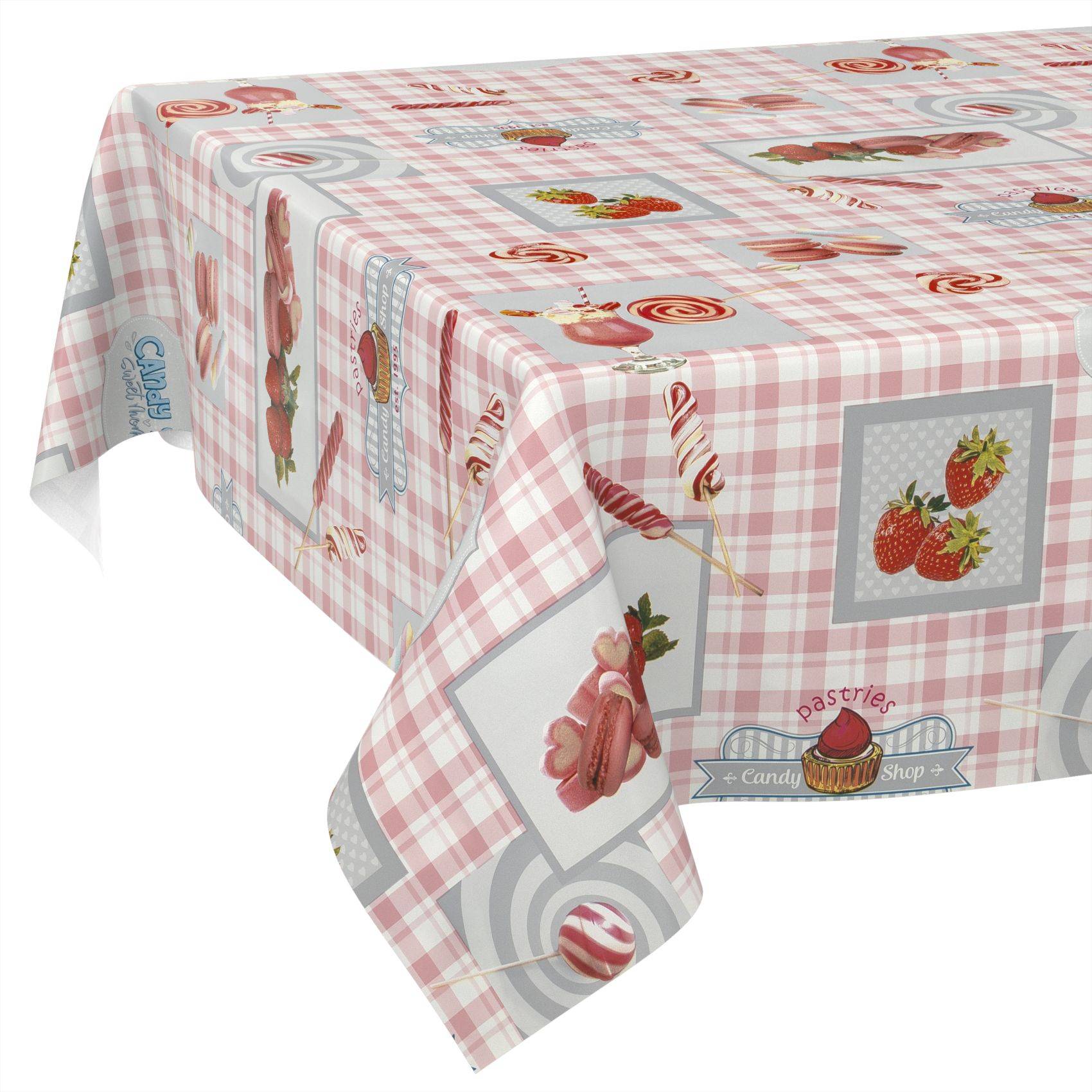 Rosa und weiße karierte Tischdecke mit Bonbon- und Erdbeerdrucken, über einen rechteckigen Tisch drapiert.