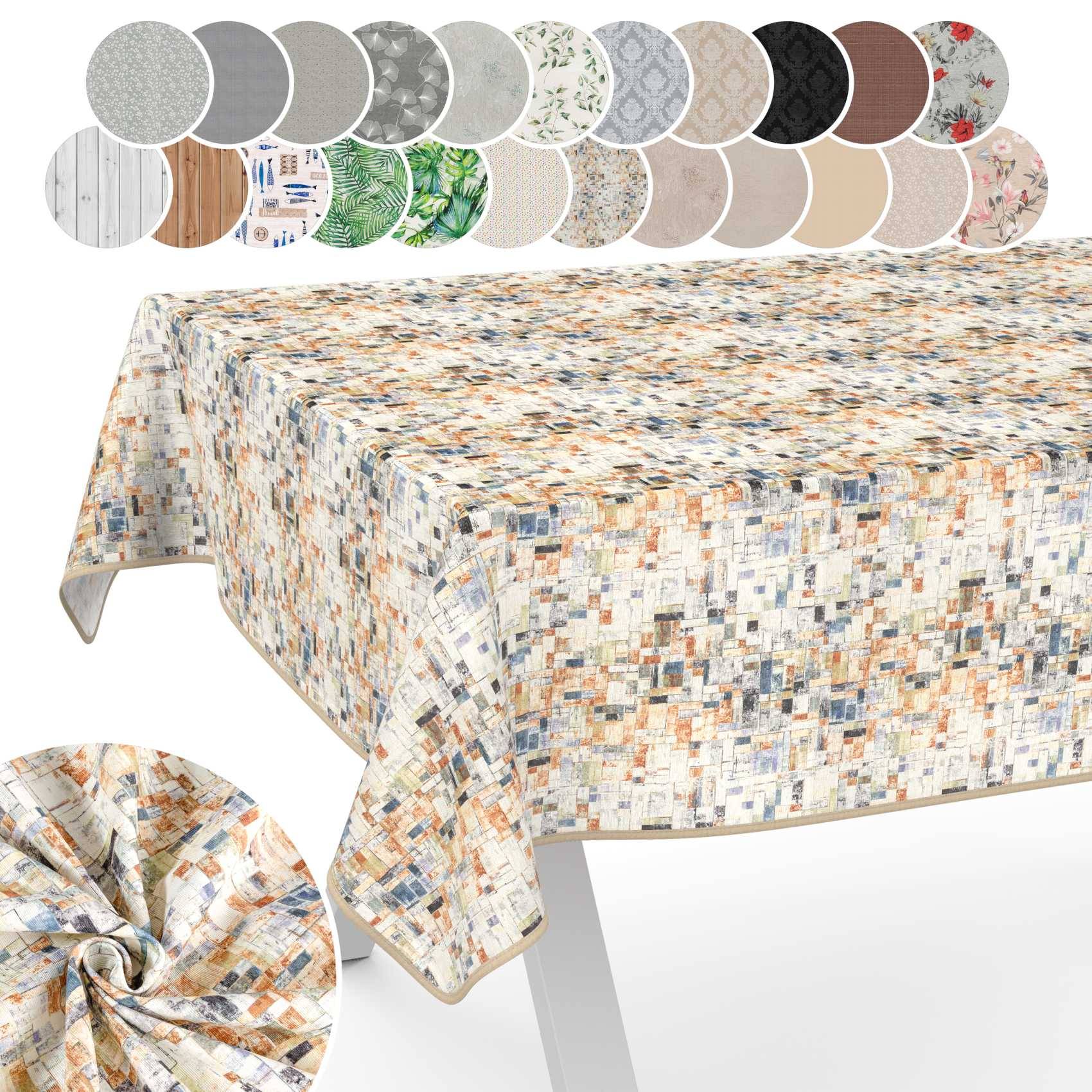 Gemusterte Tischdecke auf einem weißen Tisch, mit kreisförmigen Mustern oben, die verfügbare Farben und Drucke zeigen.