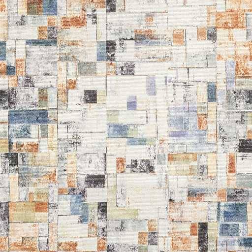 Abstraktes Mosaik aus überlappenden rechteckigen Flächen in gedämpftem Weiß, Blau, Grau und Beige, das ein strukturiertes geometrisches Muster erzeugt.