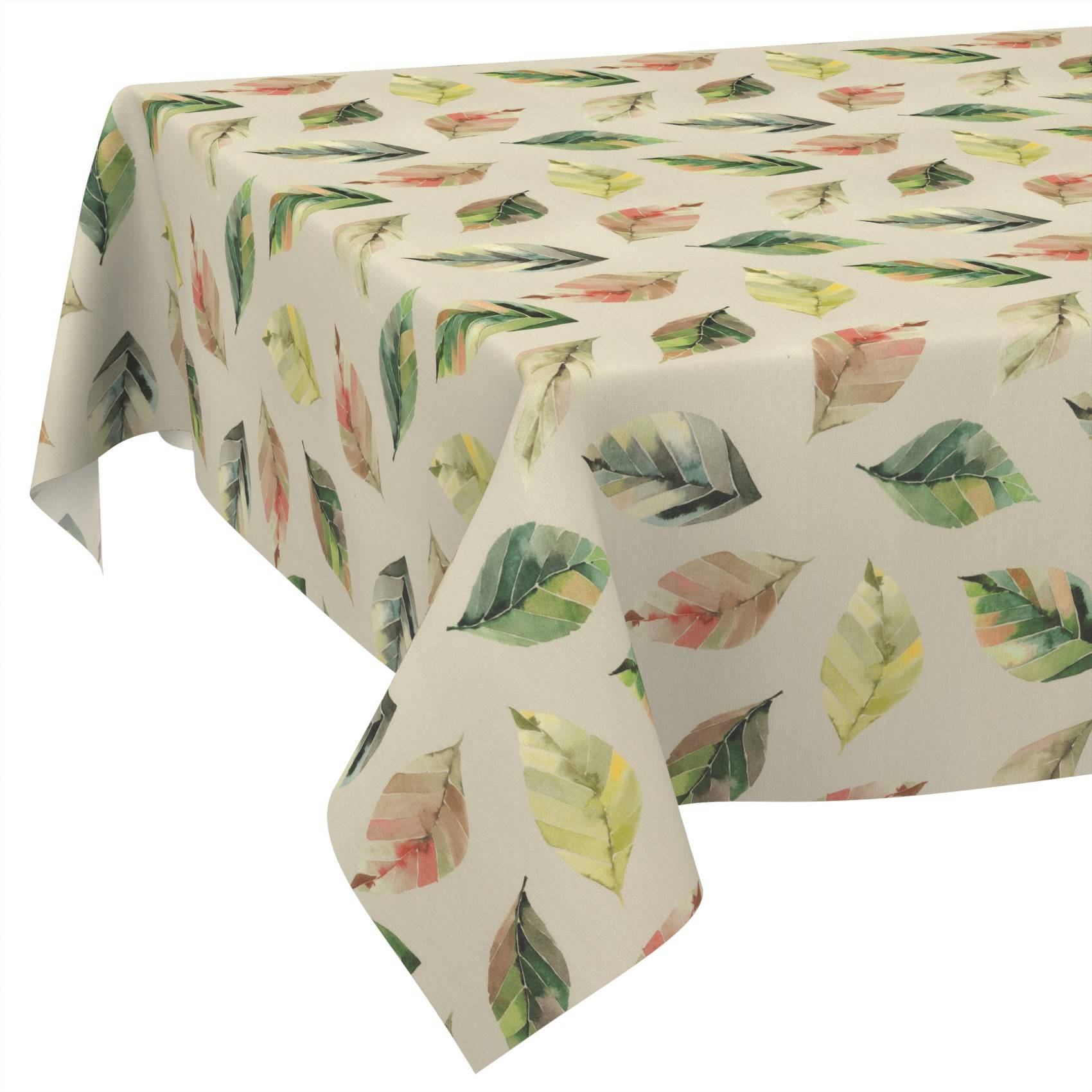 Hellbeige Tischdecke mit mehrfarbigem Blattmuster, die über einen Tisch drapiert ist