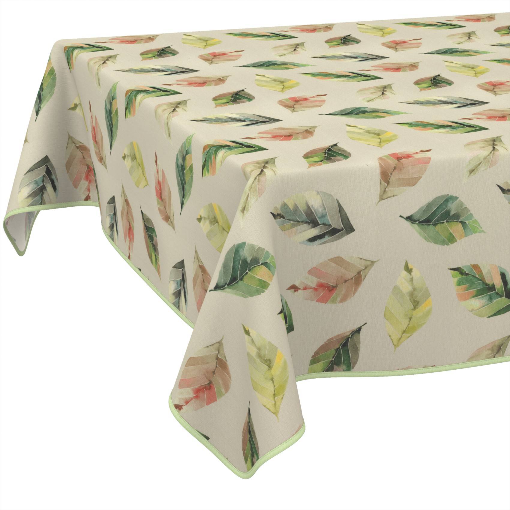 Rechteckige Tischdecke mit cremefarbenem Hintergrund und buntem Aquarell-Blattmuster, mit hellgrünem Saum verziert.