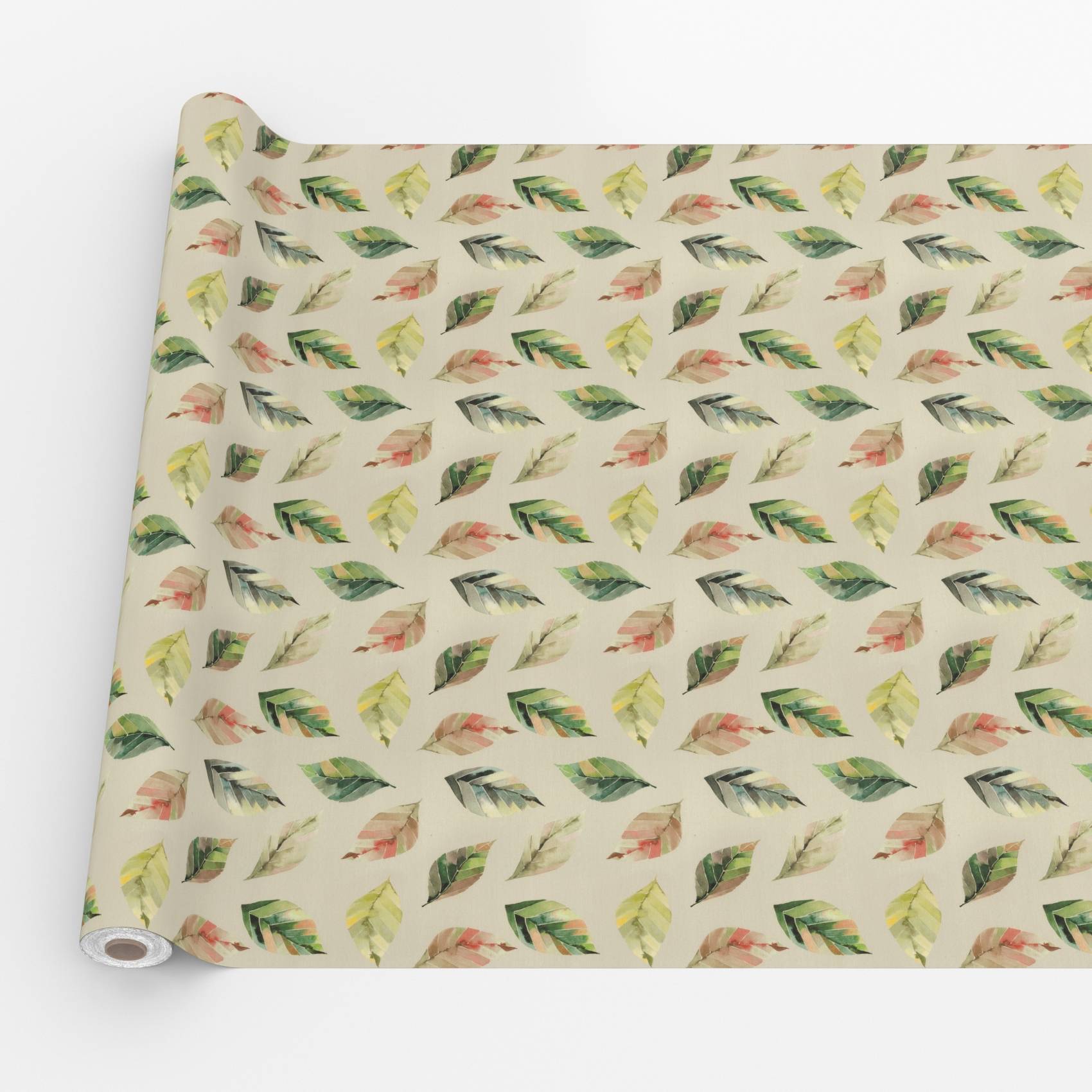 Rolle Papier in Creme-Farbe zum Einwickeln mit einem sich wiederholenden Muster aus kleinen grünen, gelben und rosa Blättern.
