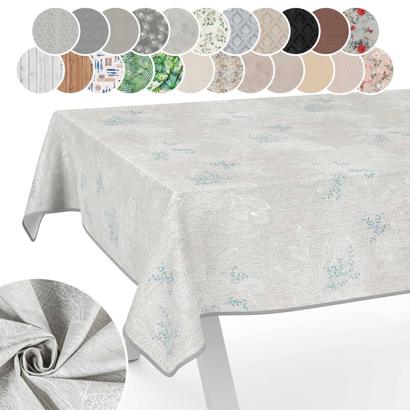 Ein hellgrauer Tischdecke mit Blumenmuster, die über einen Tisch drapiert ist, mit kreisförmigen Mustern oben, die verfügbare Stoff- und Farboptionen zeigen.