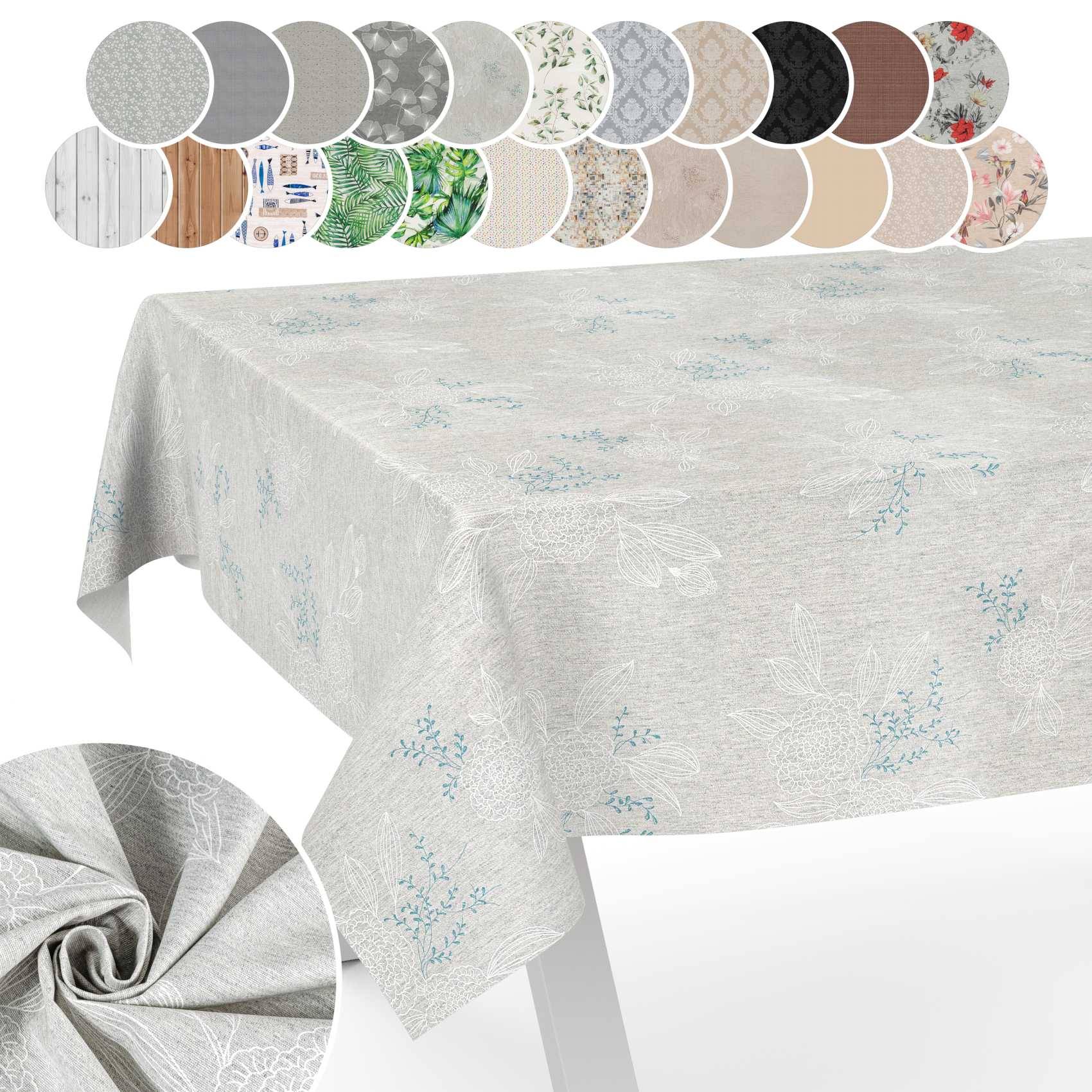 Hellgraues Tischtuch mit Blumenmuster, das über einen Tisch drapiert ist, mit kreisförmigen Farbmustern, die die verfügbaren Farben und Designs oben zeigen, und einer Nahaufnahme des Stoffdetails im Einschub.