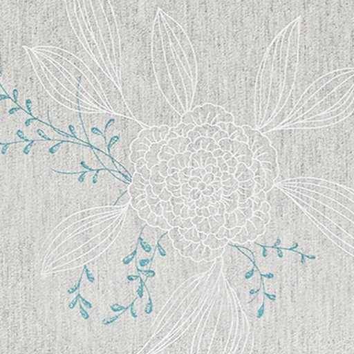 Weiße bestickte Blume mit zarten blauen Rankenakzenten auf hellgrauem Stoffhintergrund.