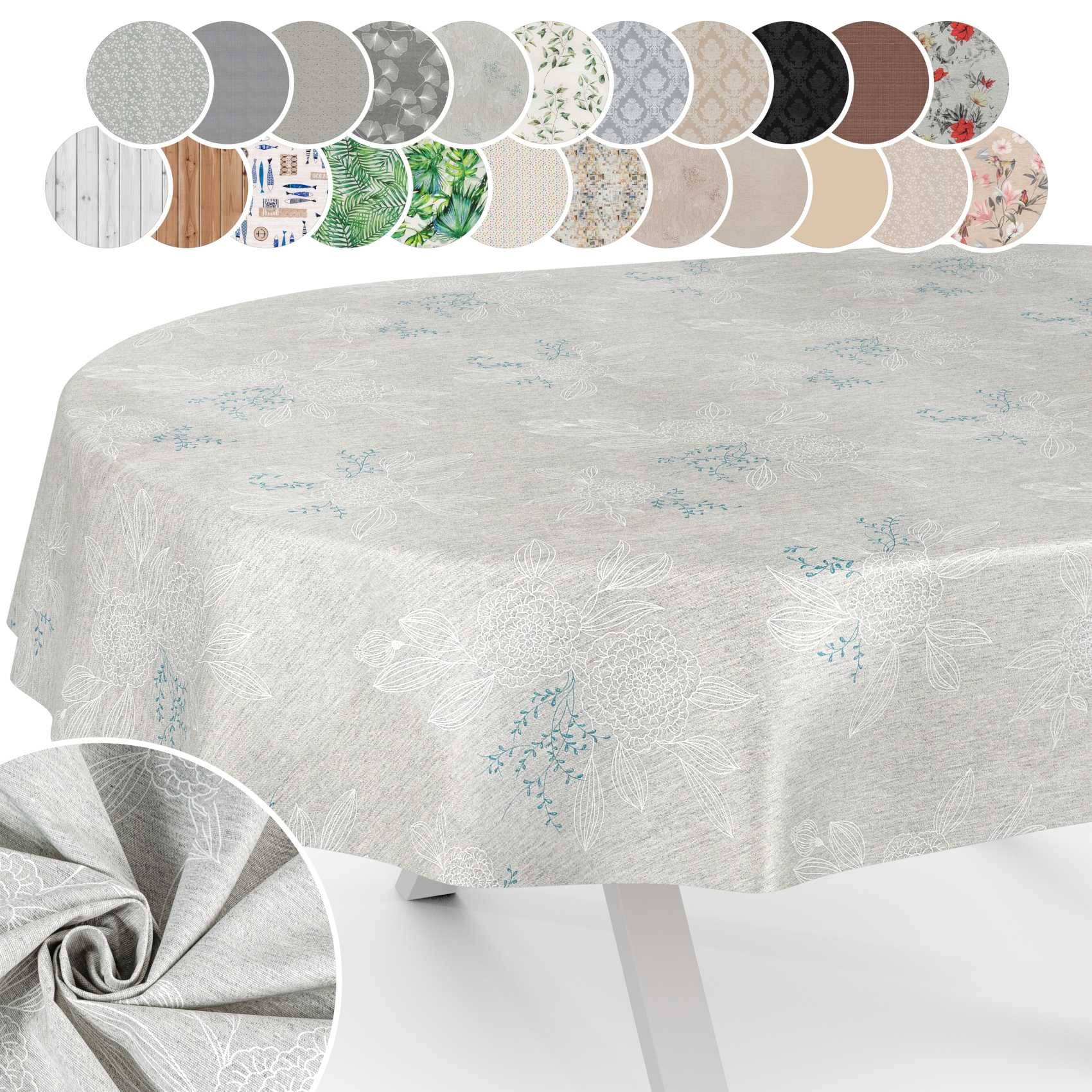 Runde Tischdecke in hellem Grau mit Blumenmuster, mit mehreren Farbmustern und Musterproben des Stoffes oben sowie einer vergrößerten Nahaufnahme der Materialtextur.