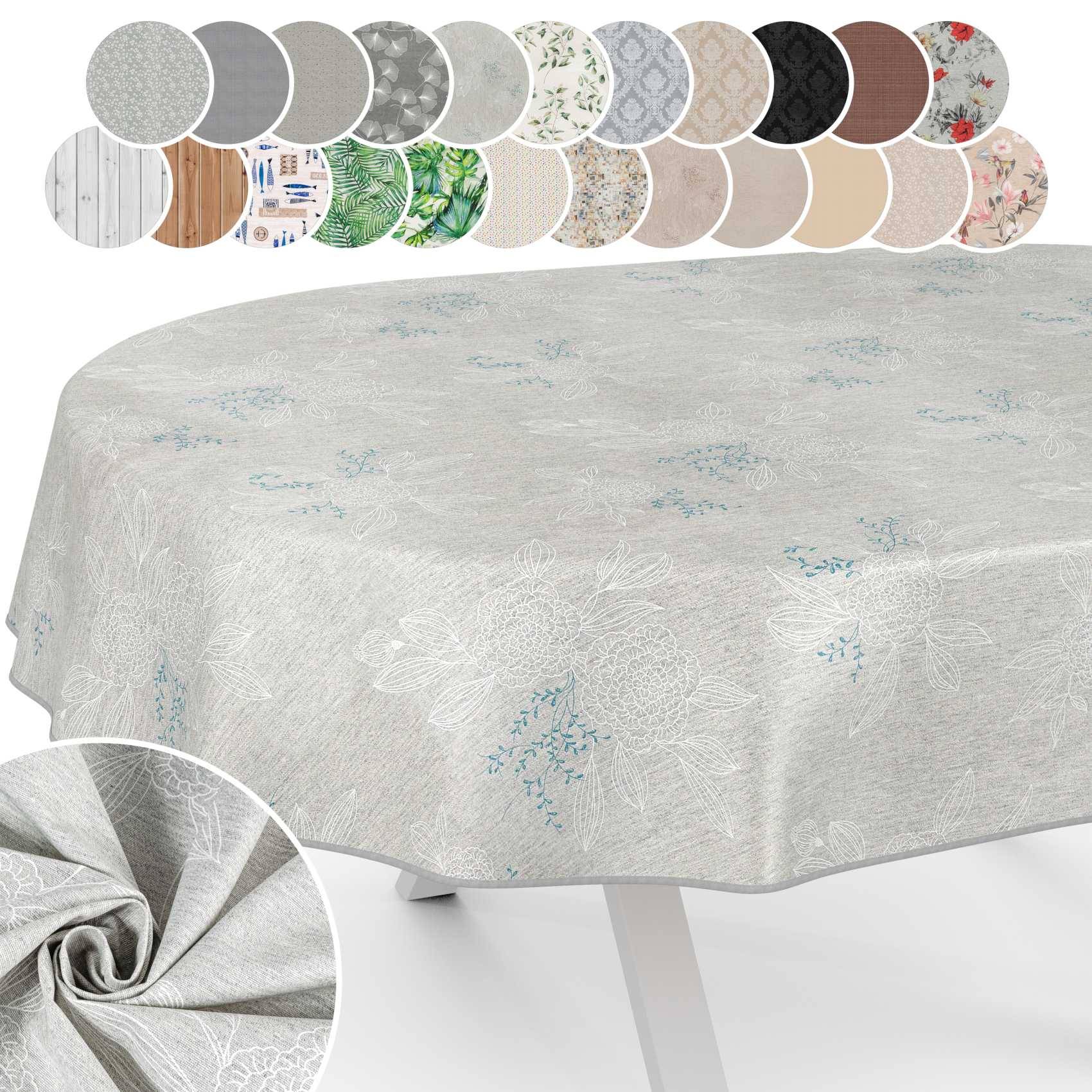 Weiße Tischdecke mit subtiler Blumenmusterung, auf einem Tisch präsentiert; Farbmuster oben zeigen verfügbare Stoff- oder Designoptionen an.
