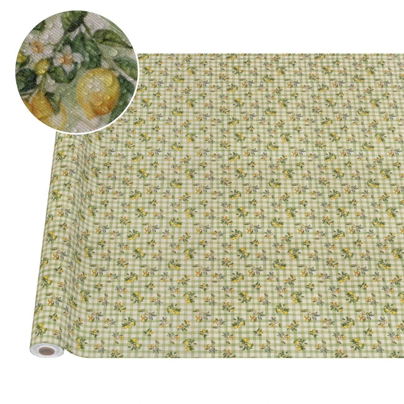 Gerolltes Geschenkpapier mit Blumenmuster und vergrößertem Ausschnitt, das gelbe Zitronen und Blüten auf kariertem grünem Hintergrund zeigt.